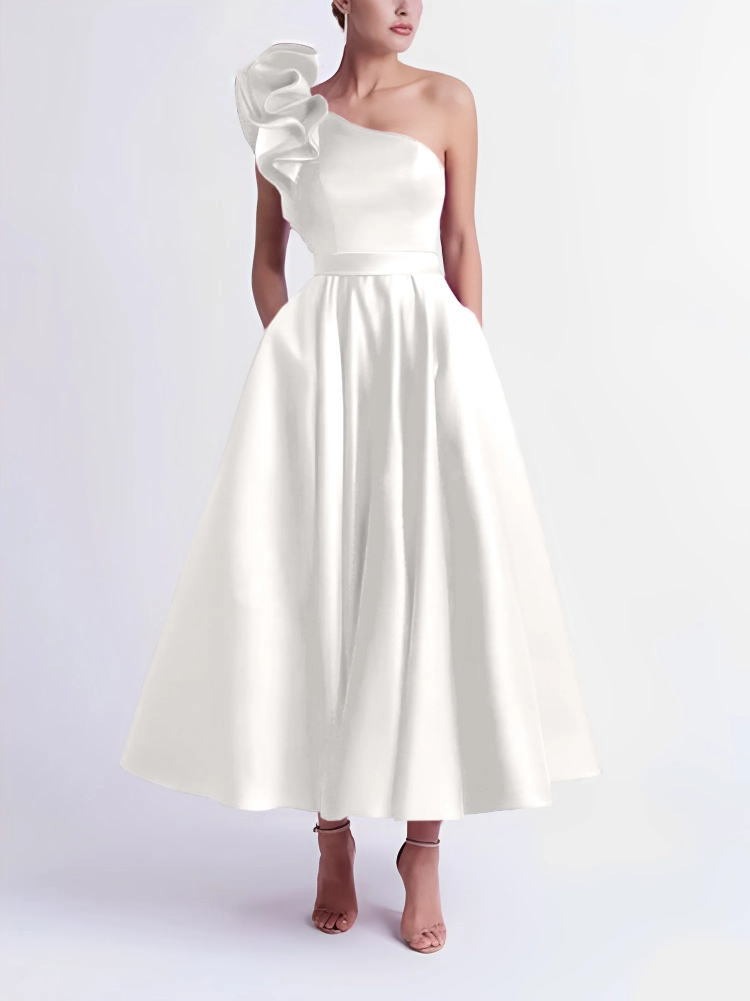 A-Line One-Shoulder Wedding Guest Cocktail Dresses Tea-Length With Ruffles - Image 29