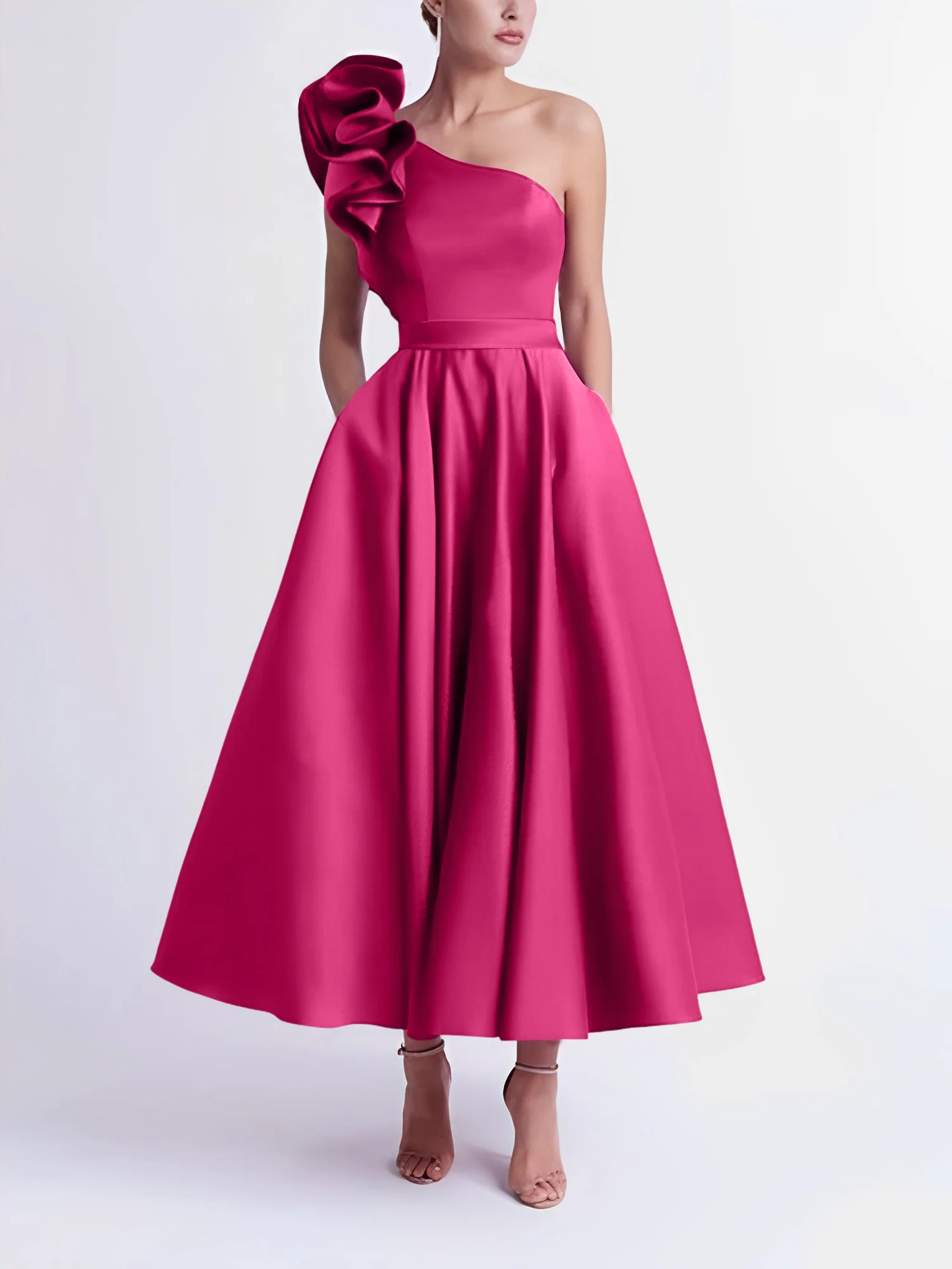 A-Line One-Shoulder Wedding Guest Cocktail Dresses Tea-Length With Ruffles - Image 3