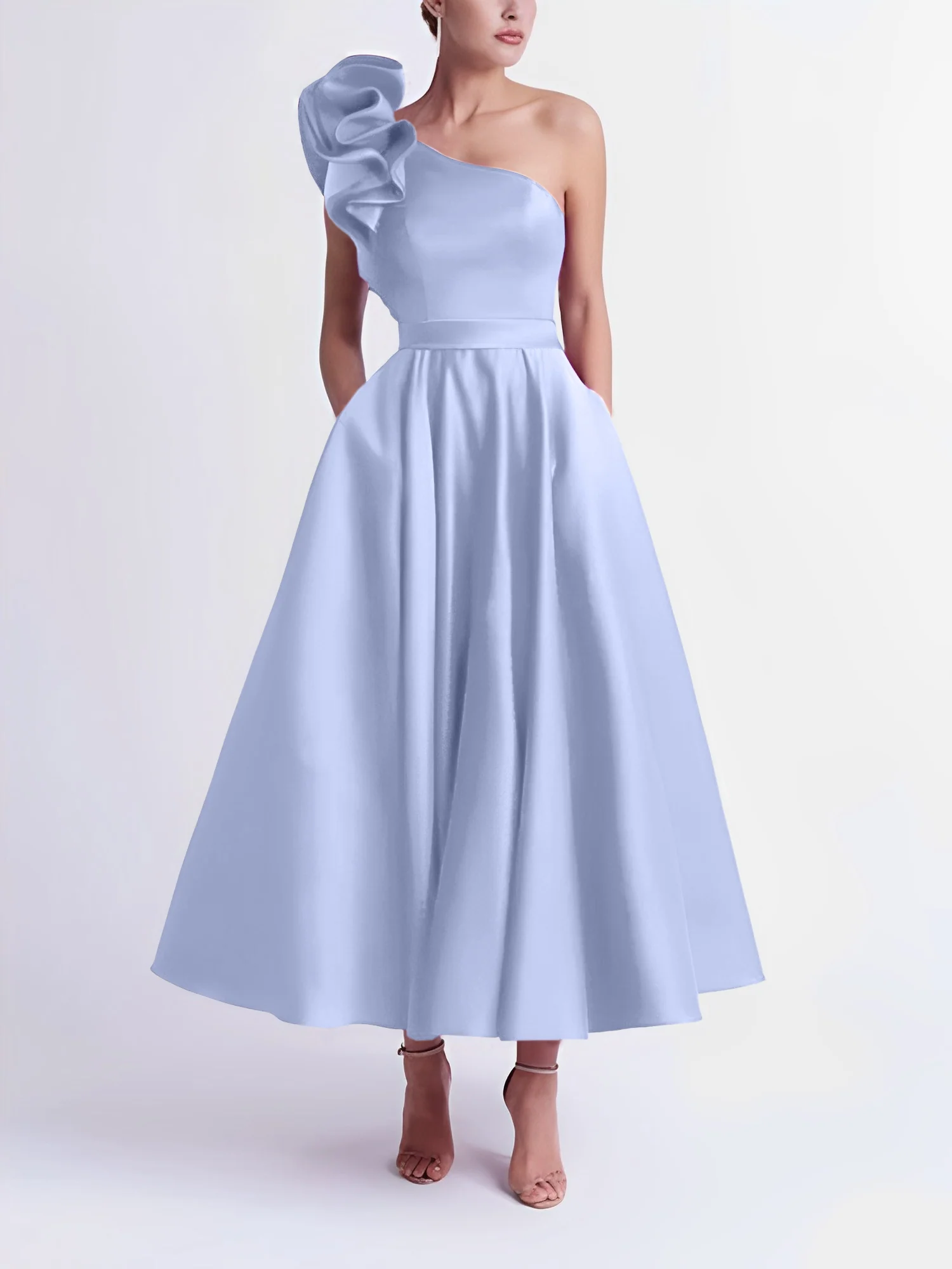 A-Line One-Shoulder Wedding Guest Cocktail Dresses Tea-Length With Ruffles - Image 30