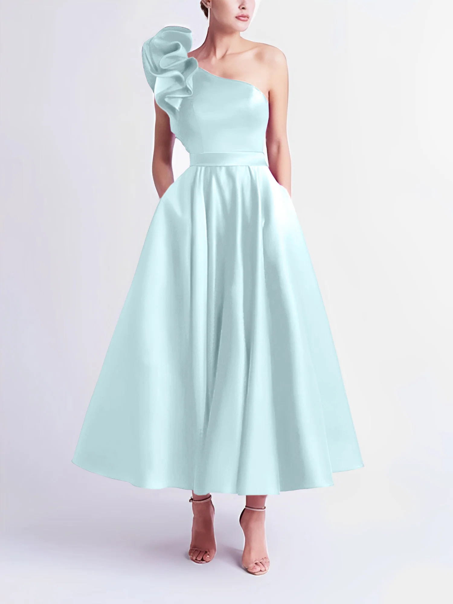 A-Line One-Shoulder Wedding Guest Cocktail Dresses Tea-Length With Ruffles - Image 31