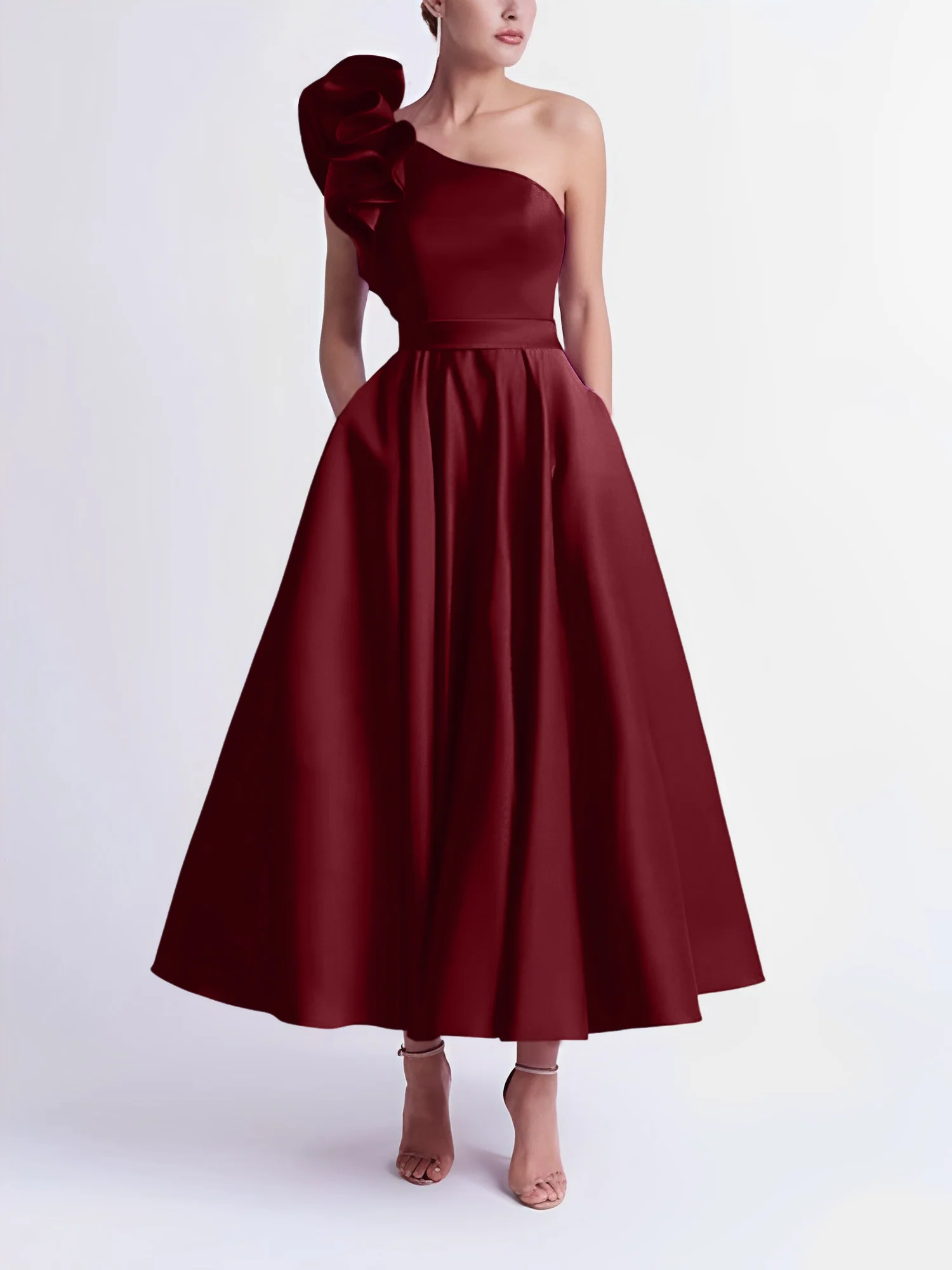 A-Line One-Shoulder Wedding Guest Cocktail Dresses Tea-Length With Ruffles - Image 32
