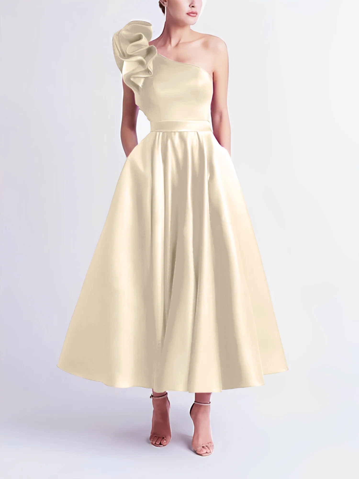 A-Line One-Shoulder Wedding Guest Cocktail Dresses Tea-Length With Ruffles - Image 33