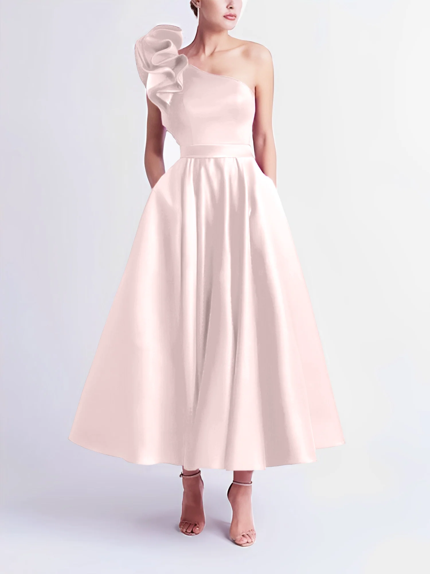 A-Line One-Shoulder Wedding Guest Cocktail Dresses Tea-Length With Ruffles - Image 34