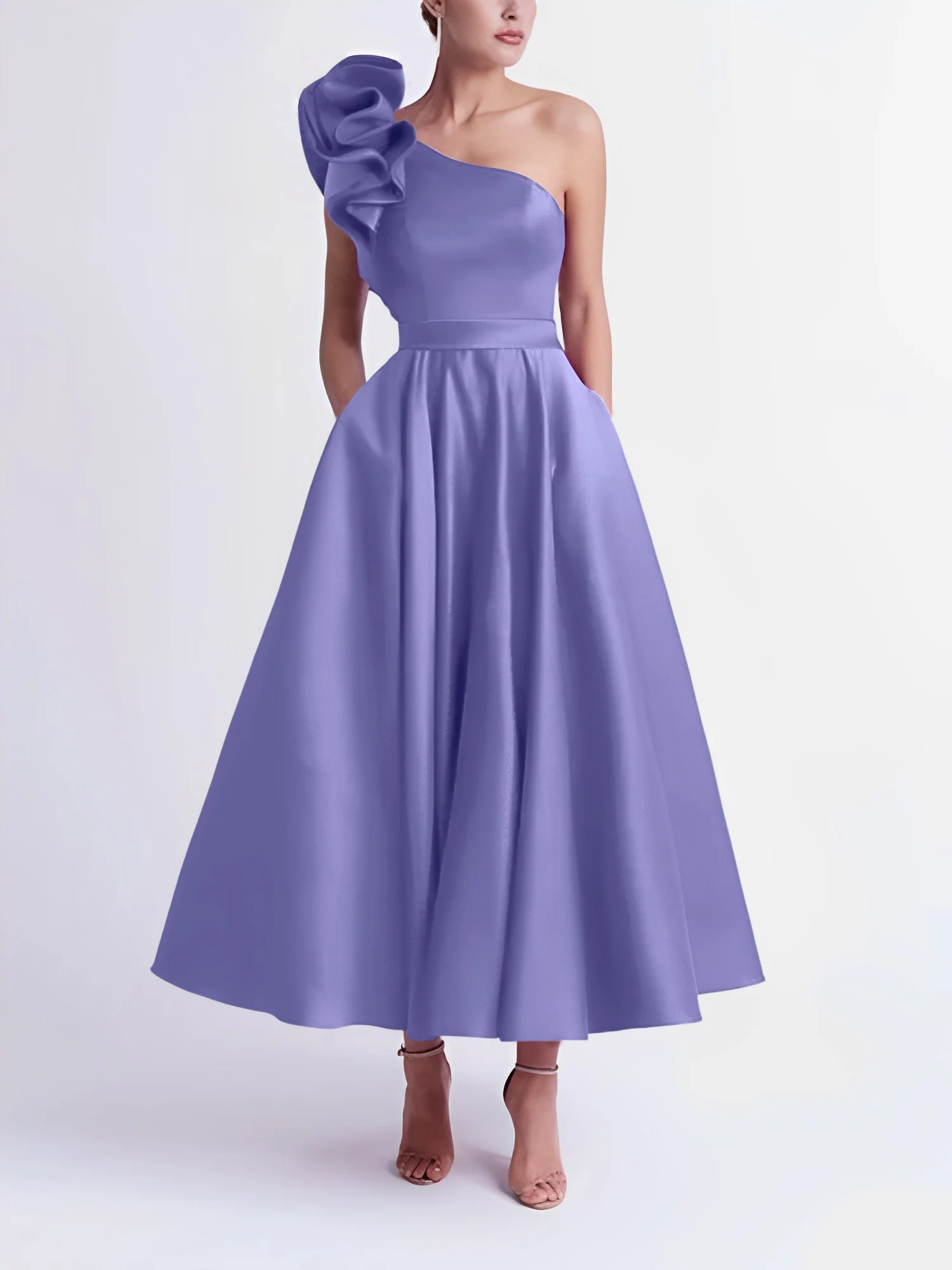 A-Line One-Shoulder Wedding Guest Cocktail Dresses Tea-Length With Ruffles - Image 35