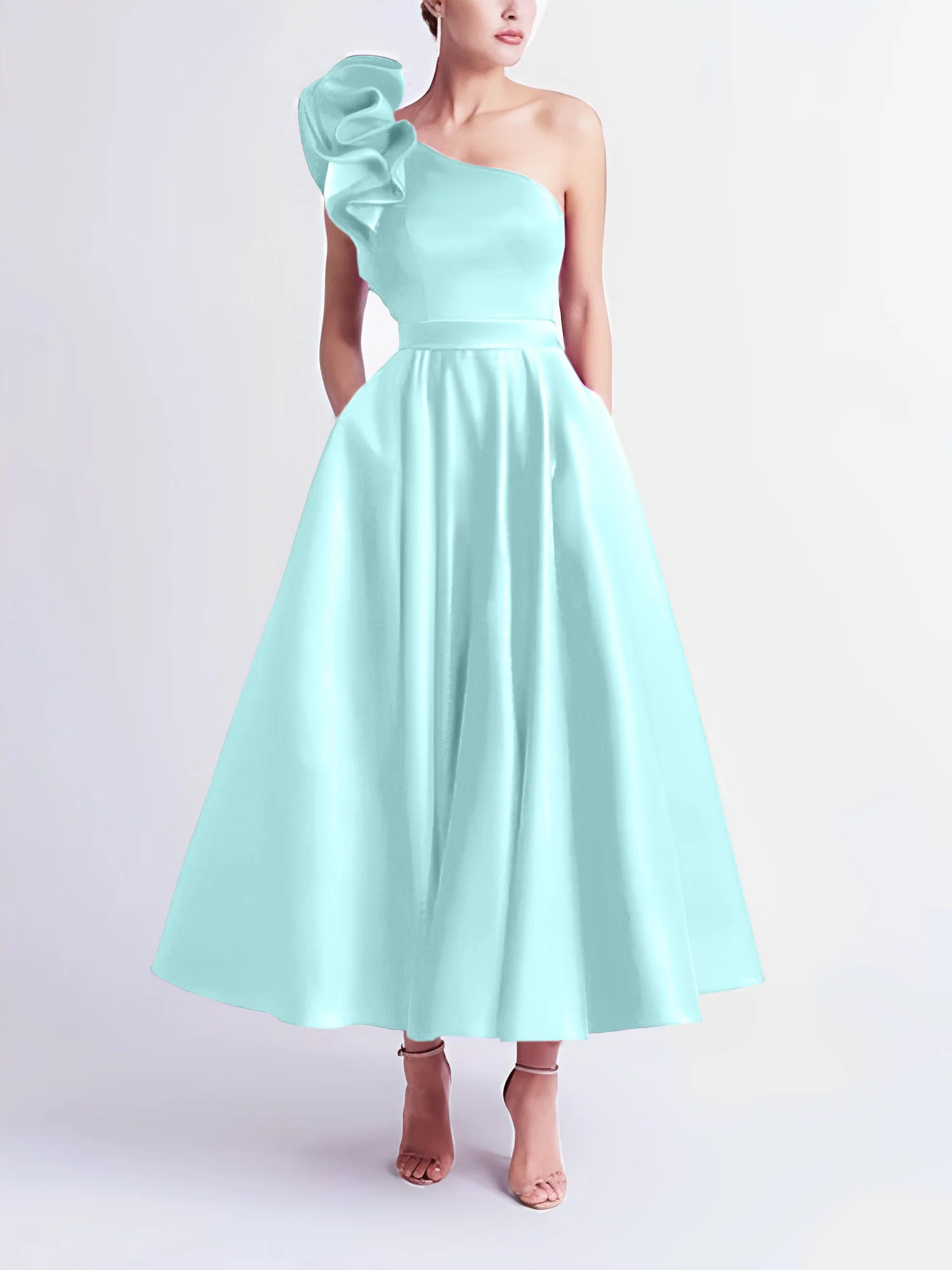 A-Line One-Shoulder Wedding Guest Cocktail Dresses Tea-Length With Ruffles - Image 37
