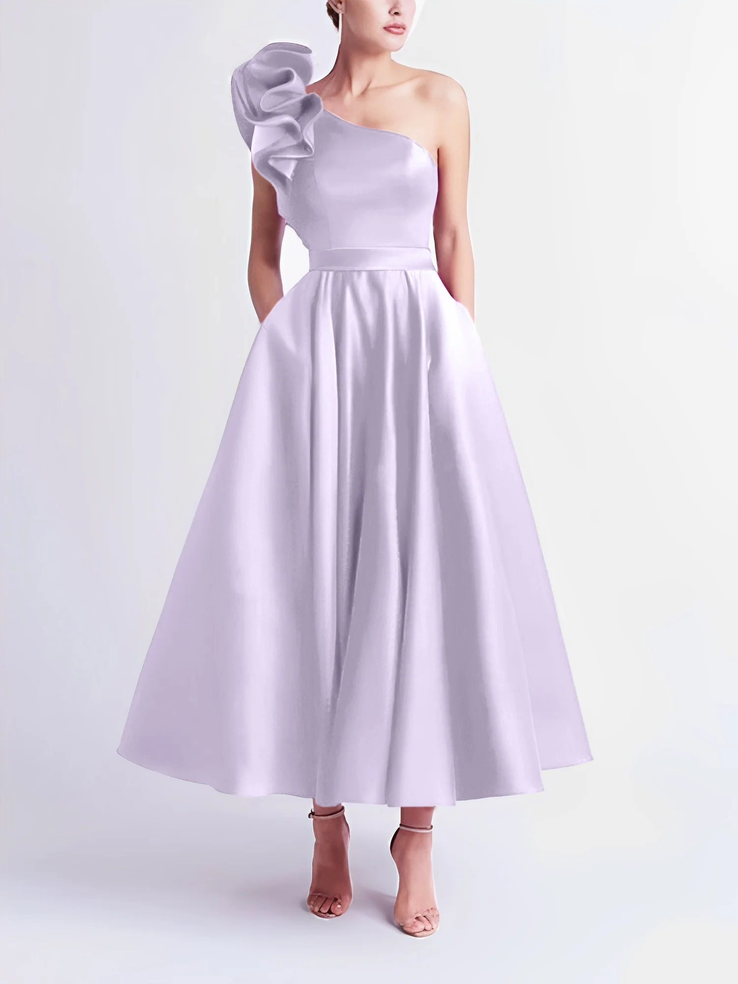 A-Line One-Shoulder Wedding Guest Cocktail Dresses Tea-Length With Ruffles - Image 38