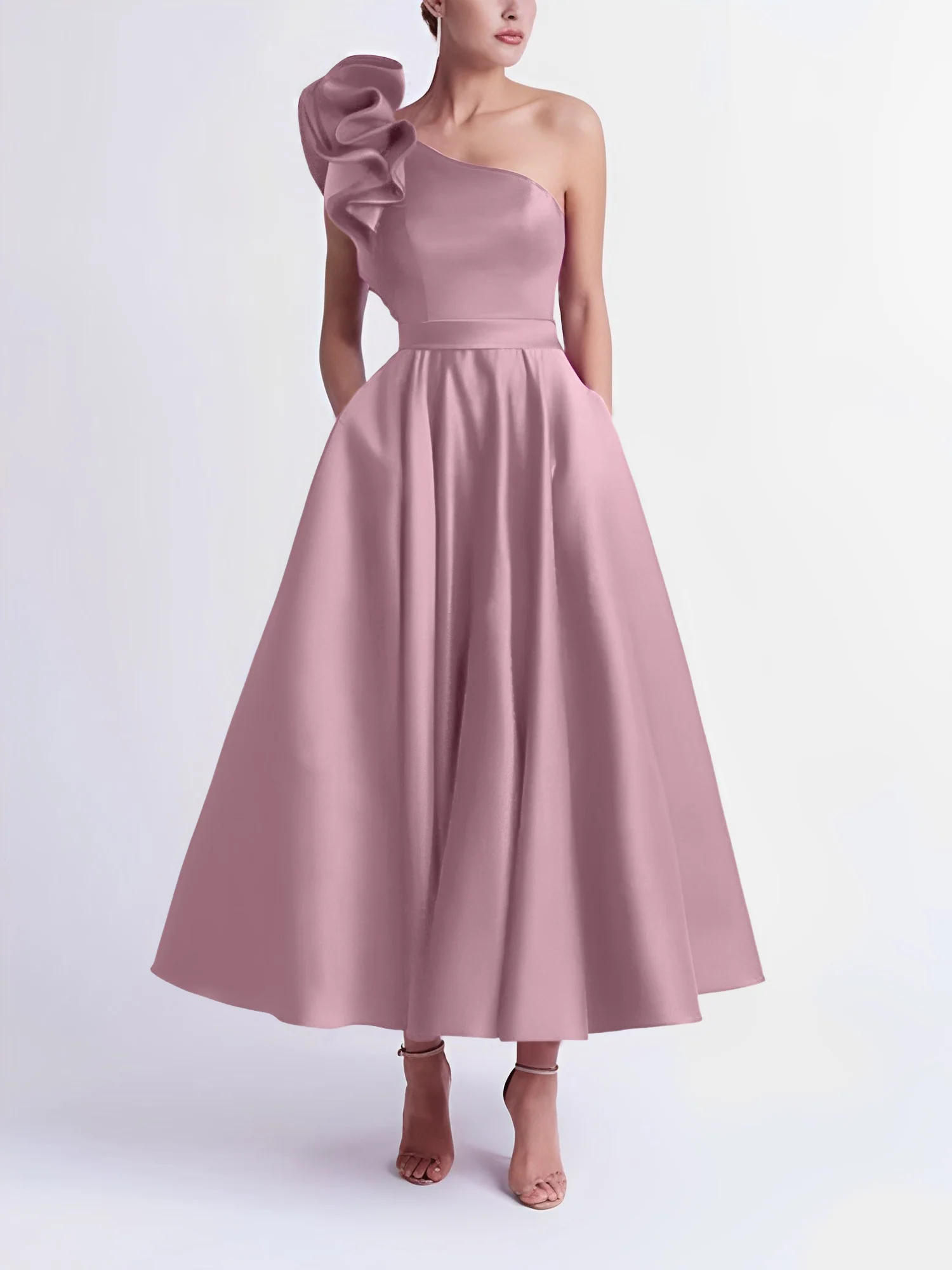 A-Line One-Shoulder Wedding Guest Cocktail Dresses Tea-Length With Ruffles - Image 39