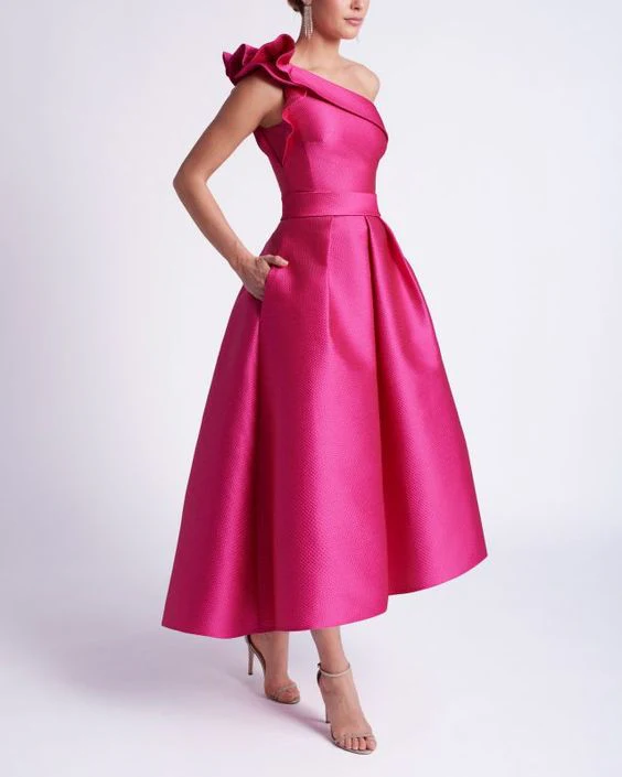A-Line One-Shoulder Wedding Guest Cocktail Dresses Tea-Length With Ruffles - Image 4