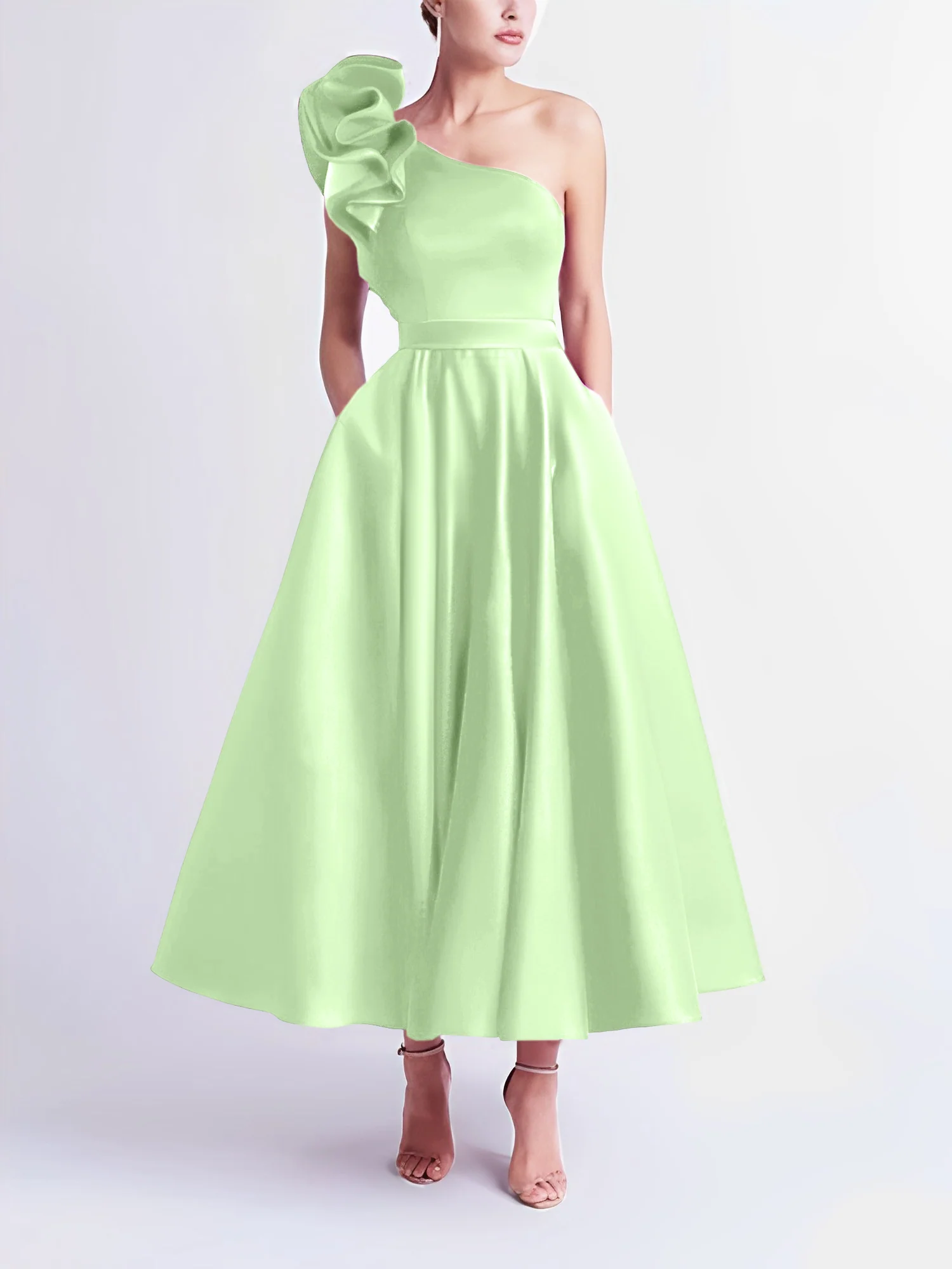 A-Line One-Shoulder Wedding Guest Cocktail Dresses Tea-Length With Ruffles - Image 40