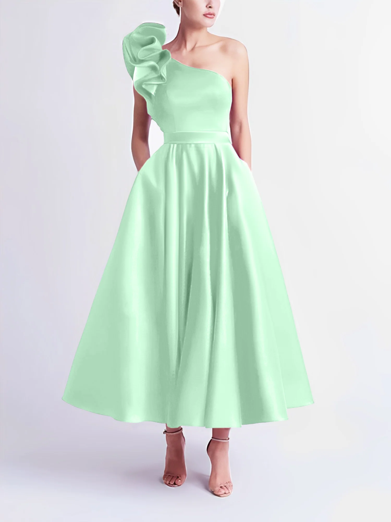 A-Line One-Shoulder Wedding Guest Cocktail Dresses Tea-Length With Ruffles - Image 41