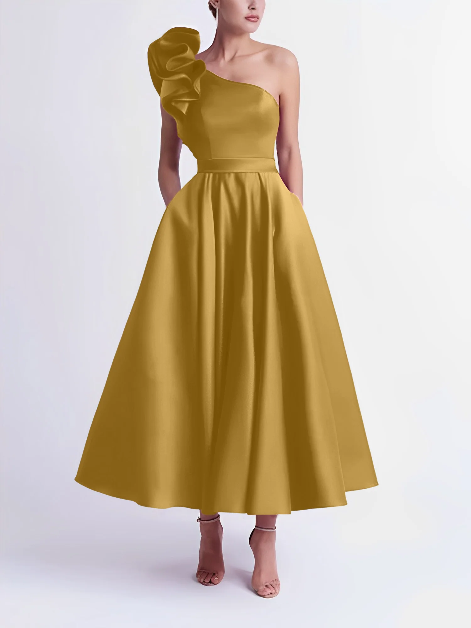 A-Line One-Shoulder Wedding Guest Cocktail Dresses Tea-Length With Ruffles - Image 43