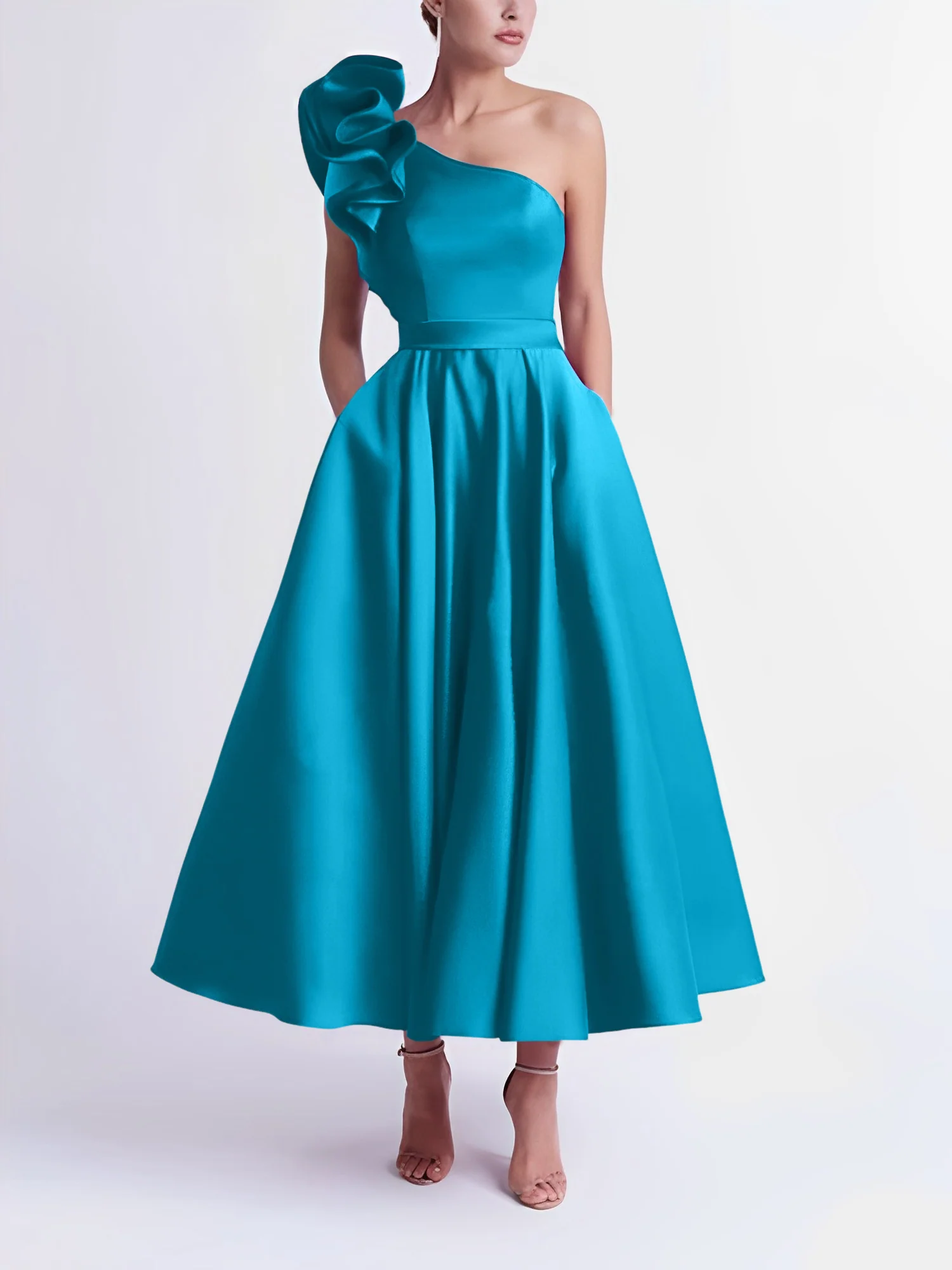 A-Line One-Shoulder Wedding Guest Cocktail Dresses Tea-Length With Ruffles - Image 45
