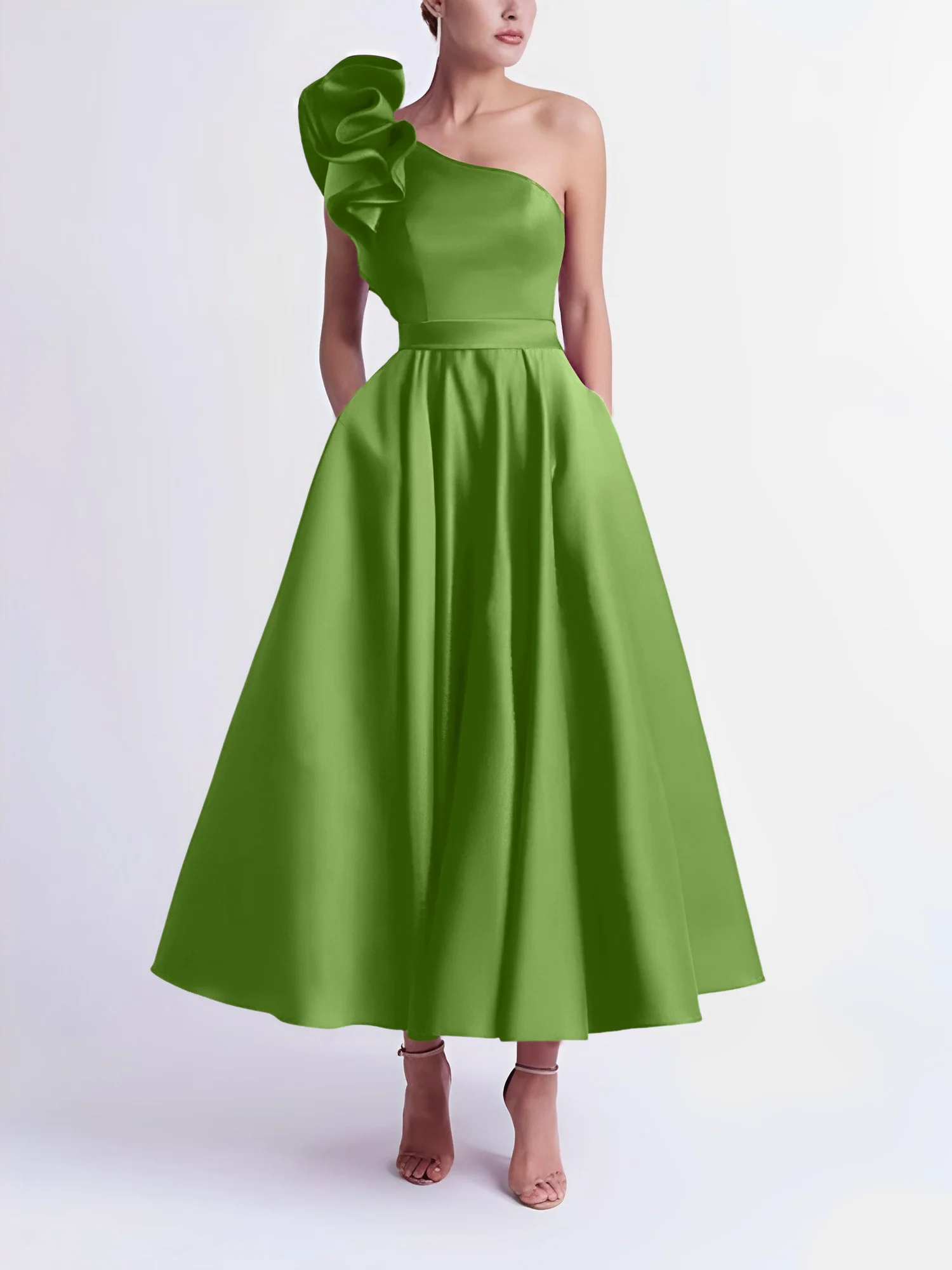 A-Line One-Shoulder Wedding Guest Cocktail Dresses Tea-Length With Ruffles - Image 46