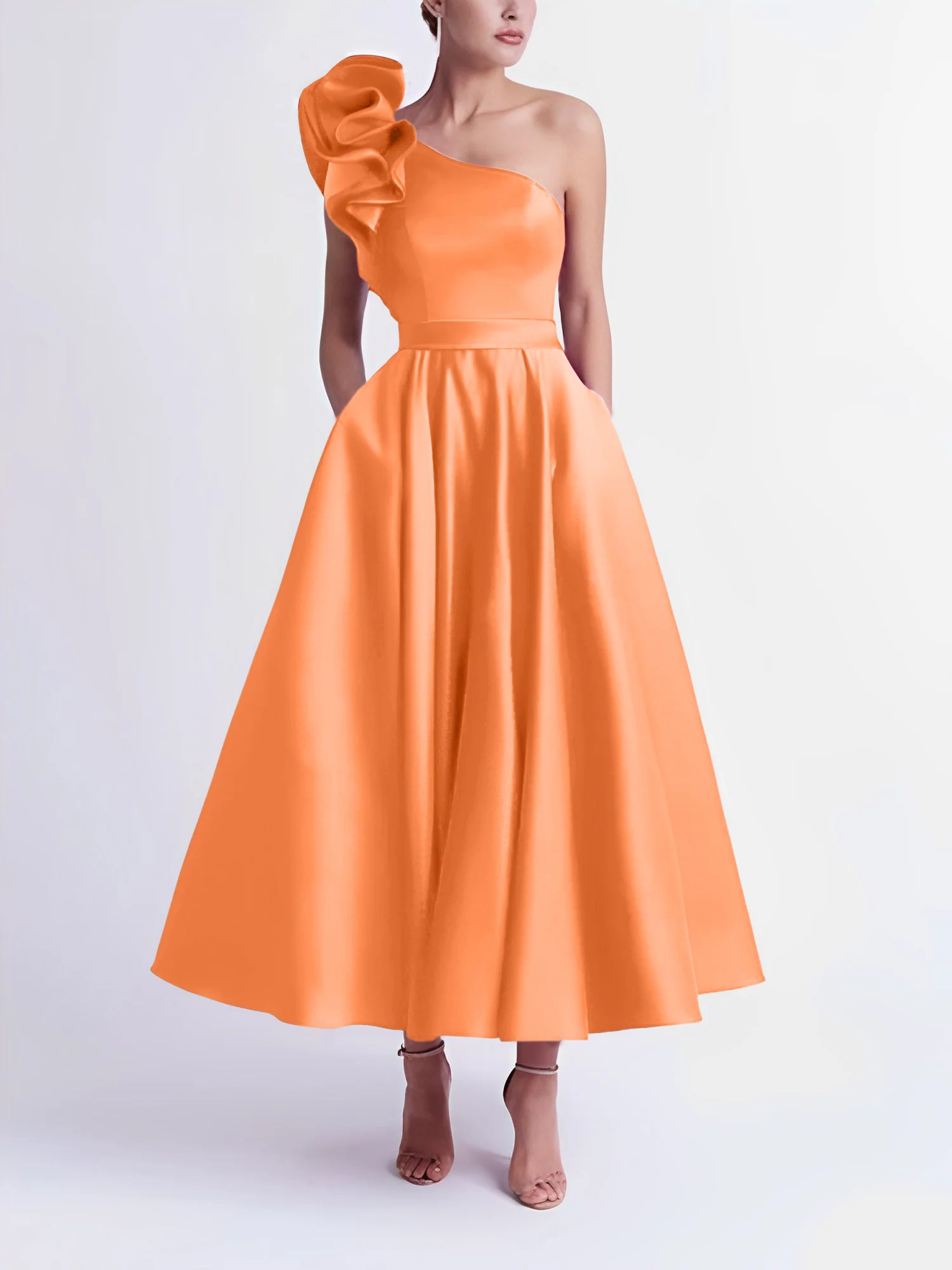 A-Line One-Shoulder Wedding Guest Cocktail Dresses Tea-Length With Ruffles - Image 47