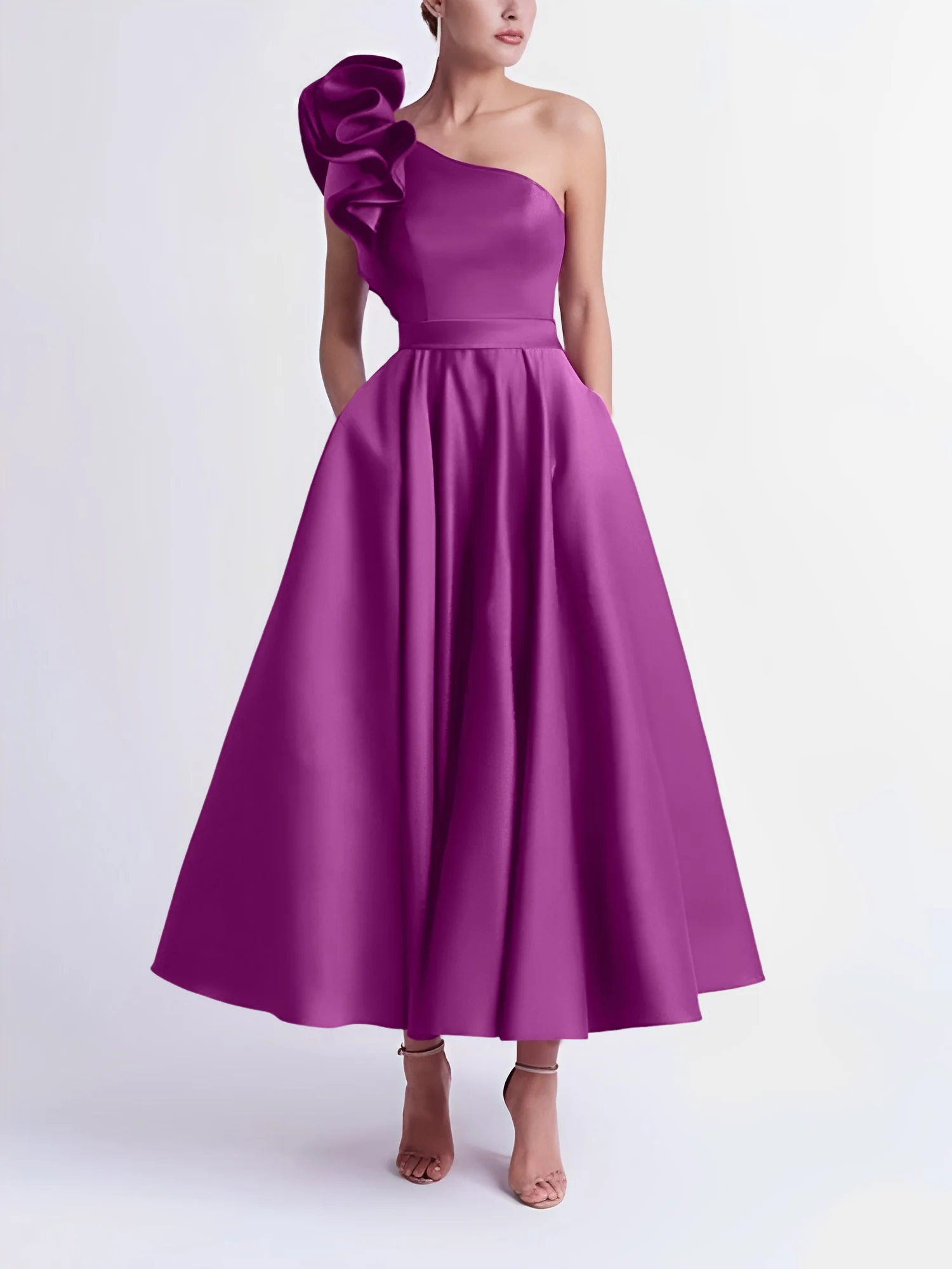 A-Line One-Shoulder Wedding Guest Cocktail Dresses Tea-Length With Ruffles - Image 48