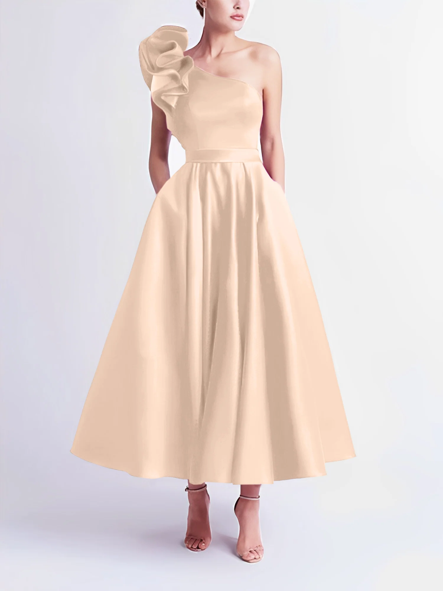A-Line One-Shoulder Wedding Guest Cocktail Dresses Tea-Length With Ruffles - Image 49