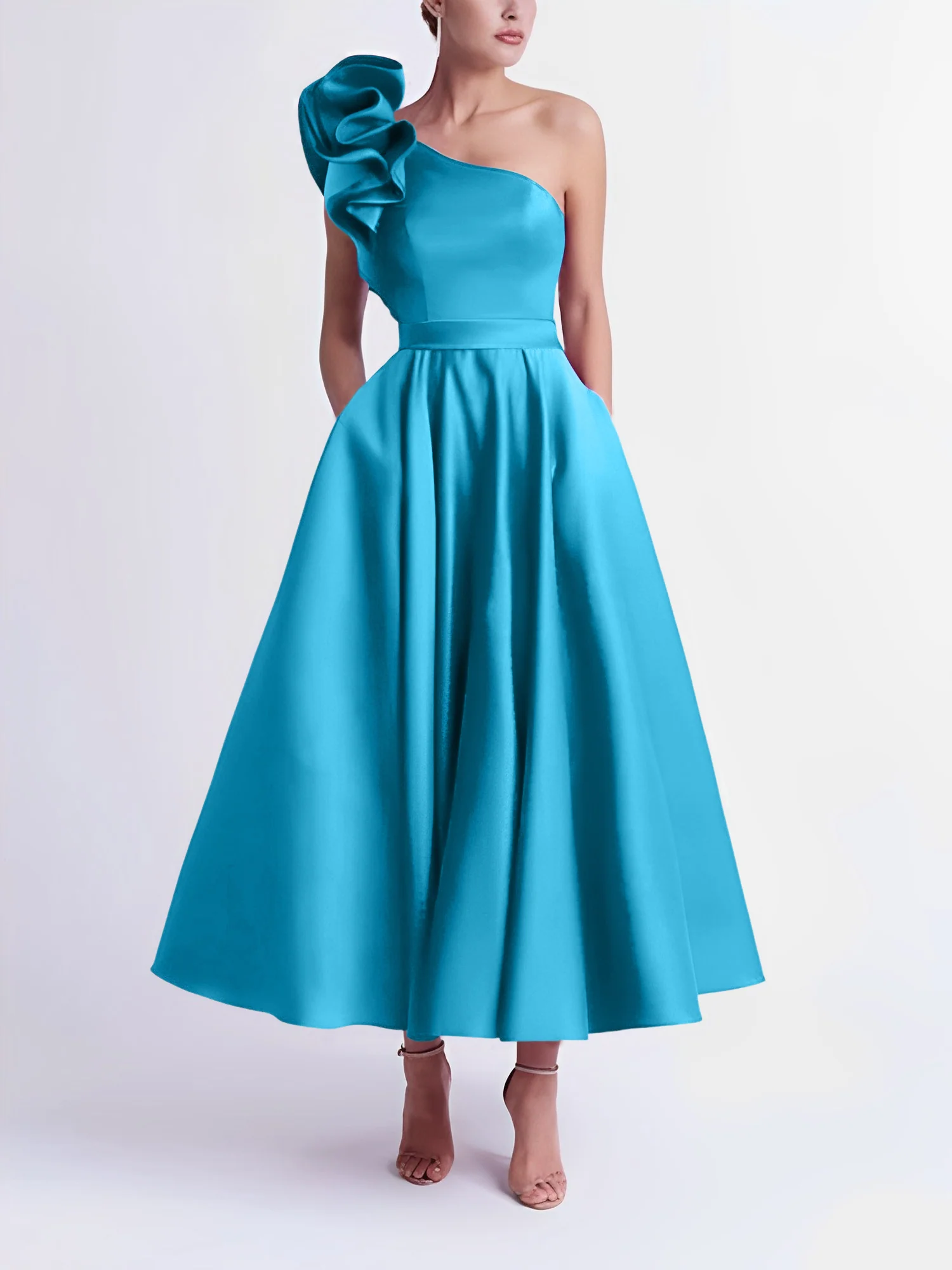 A-Line One-Shoulder Wedding Guest Cocktail Dresses Tea-Length With Ruffles - Image 5
