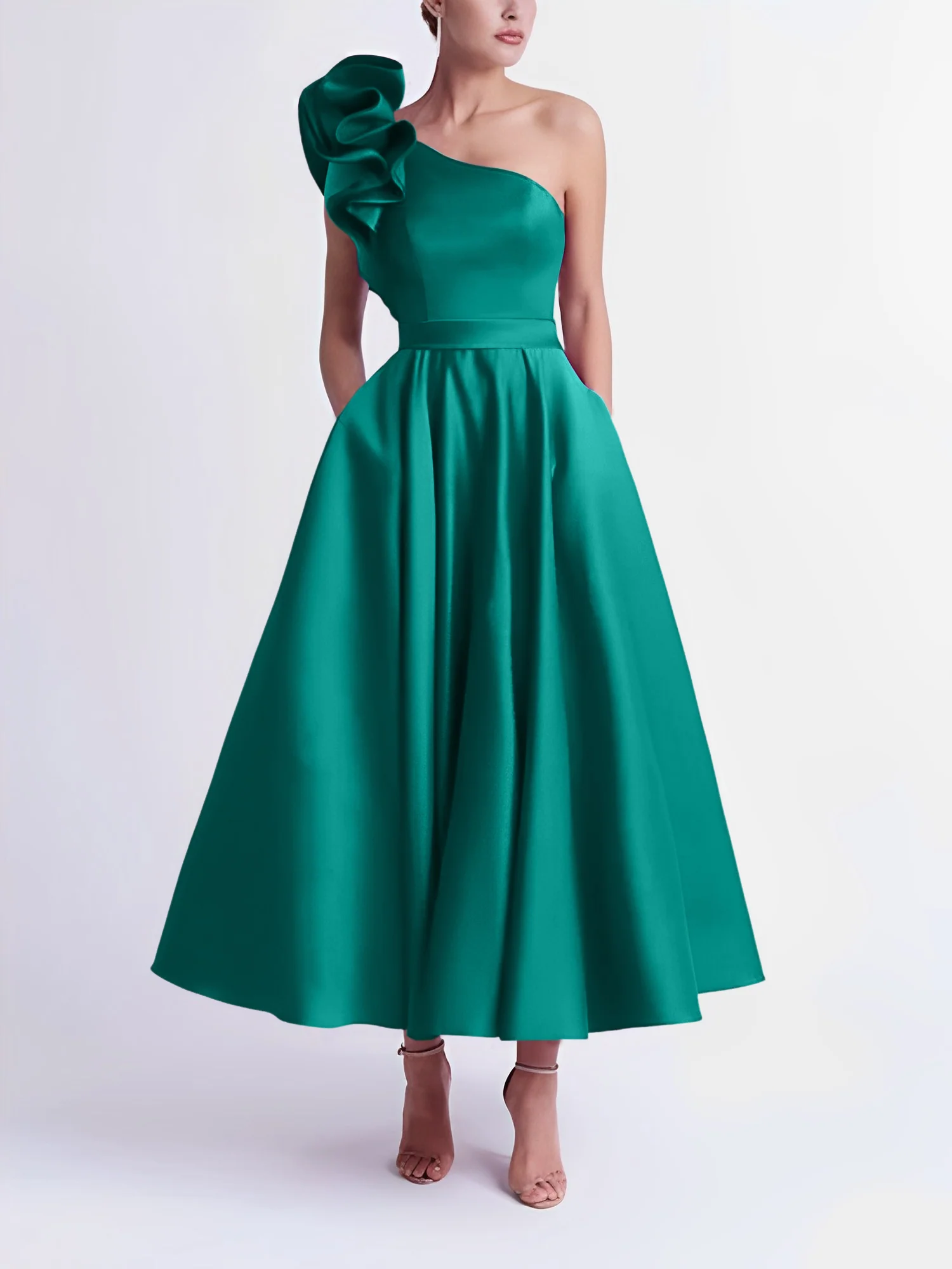 A-Line One-Shoulder Wedding Guest Cocktail Dresses Tea-Length With Ruffles - Image 50