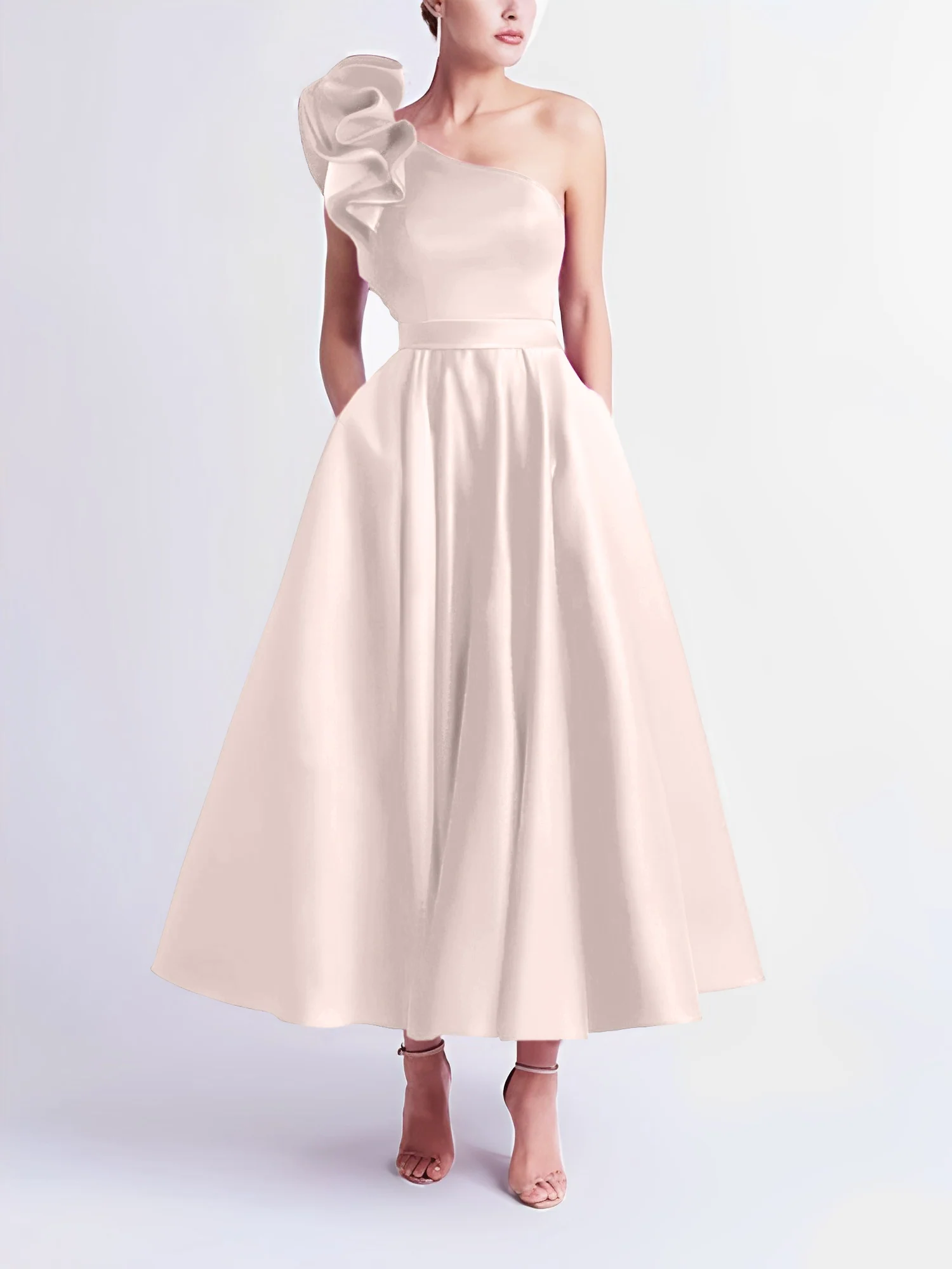 A-Line One-Shoulder Wedding Guest Cocktail Dresses Tea-Length With Ruffles - Image 51