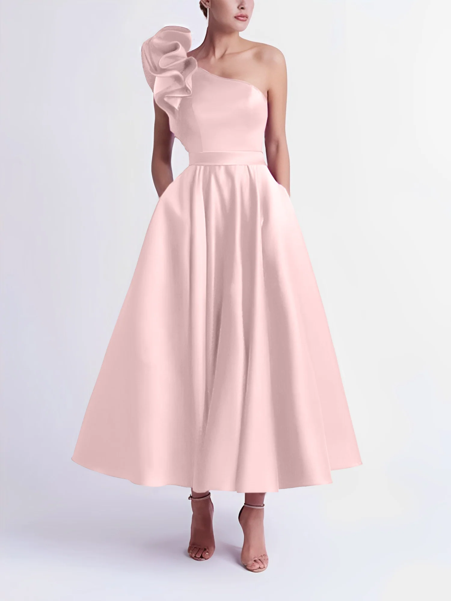 A-Line One-Shoulder Wedding Guest Cocktail Dresses Tea-Length With Ruffles - Image 52