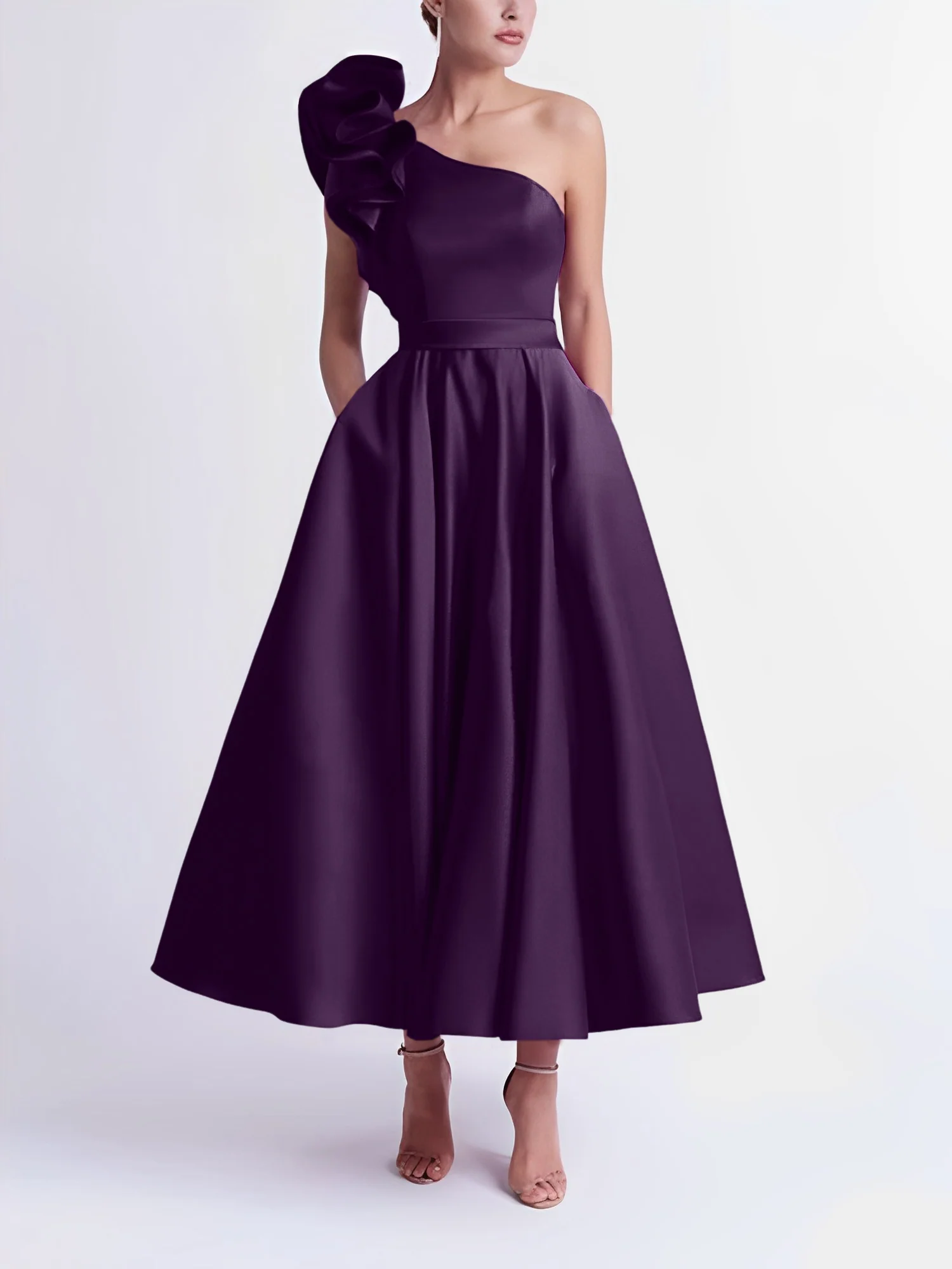 A-Line One-Shoulder Wedding Guest Cocktail Dresses Tea-Length With Ruffles - Image 53