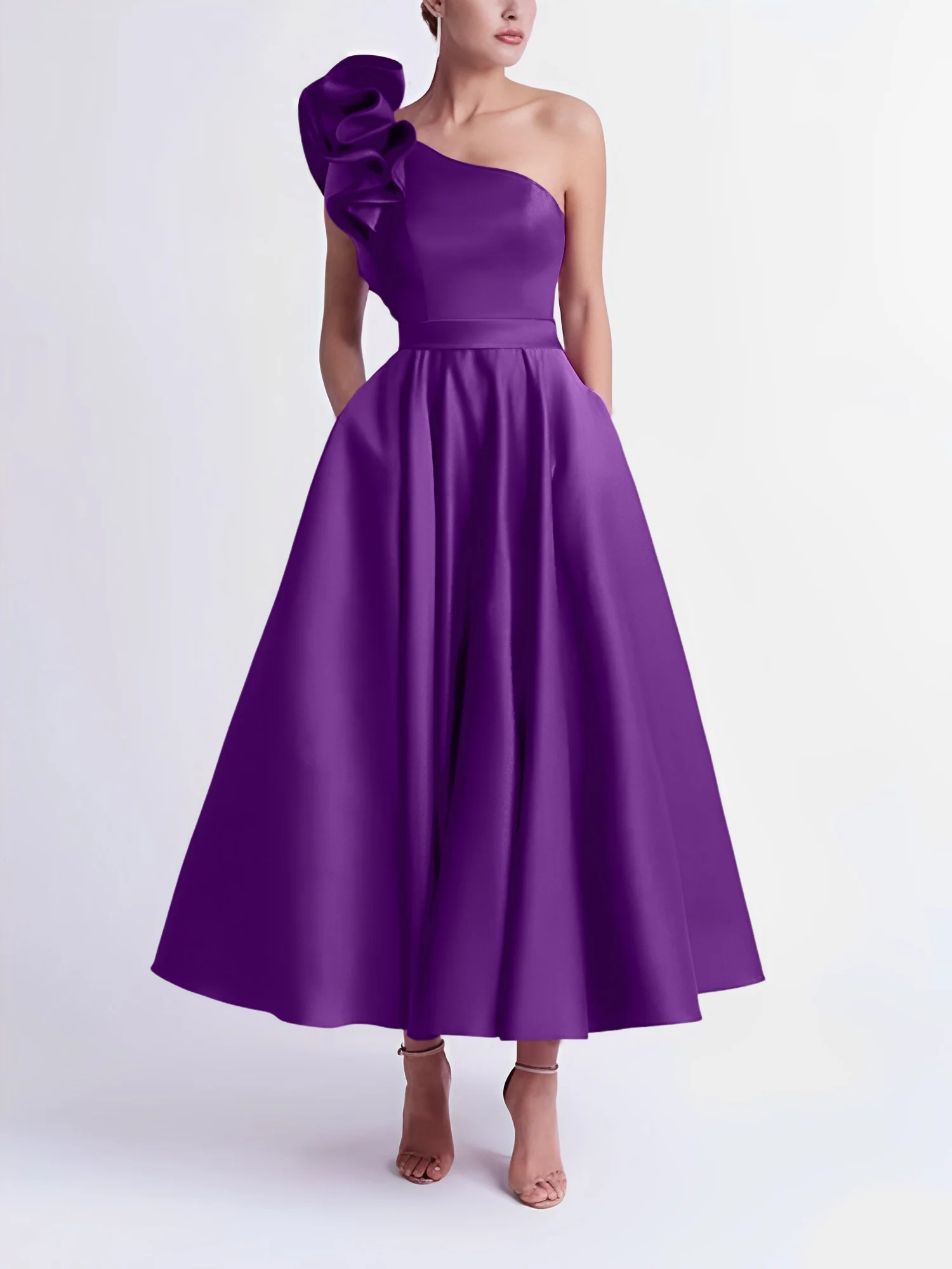 A-Line One-Shoulder Wedding Guest Cocktail Dresses Tea-Length With Ruffles - Image 54