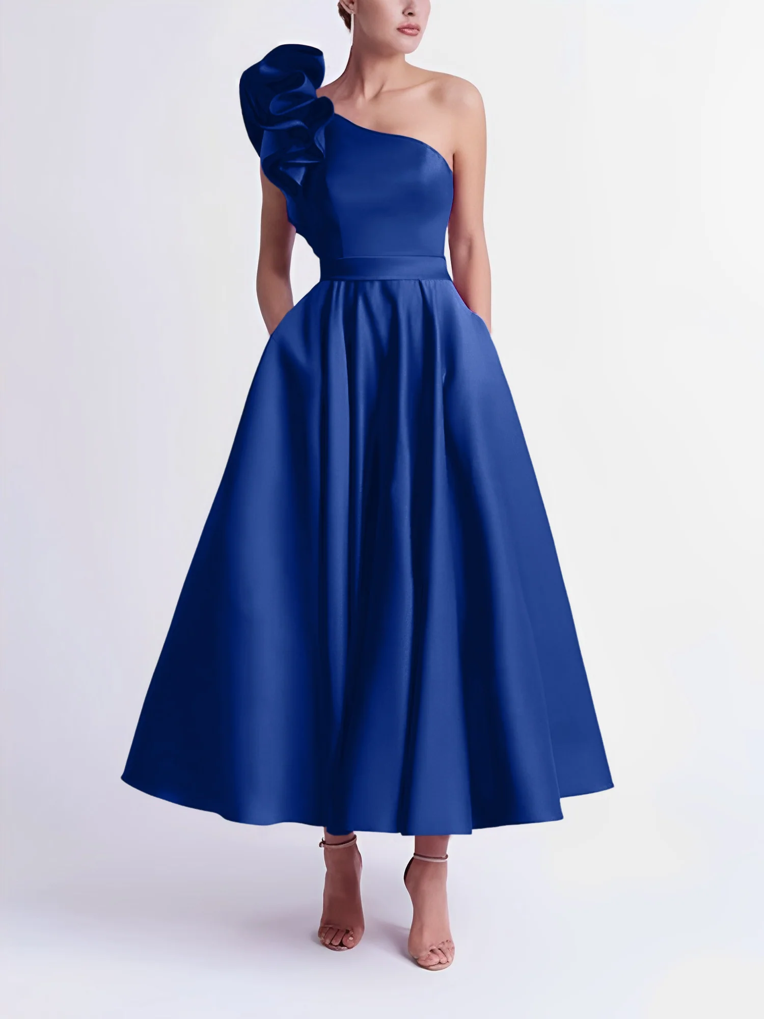 A-Line One-Shoulder Wedding Guest Cocktail Dresses Tea-Length With Ruffles - Image 56
