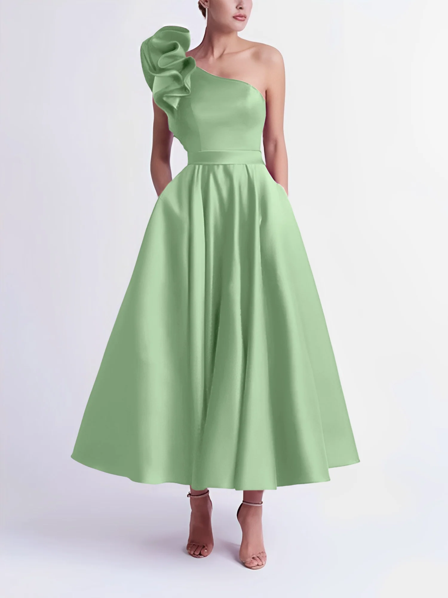 A-Line One-Shoulder Wedding Guest Cocktail Dresses Tea-Length With Ruffles - Image 58
