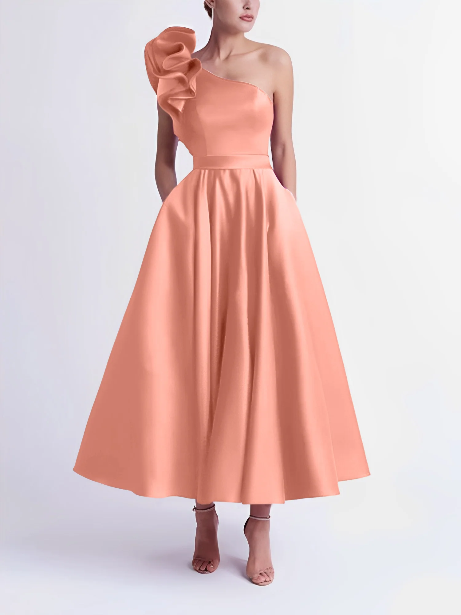 A-Line One-Shoulder Wedding Guest Cocktail Dresses Tea-Length With Ruffles - Image 59