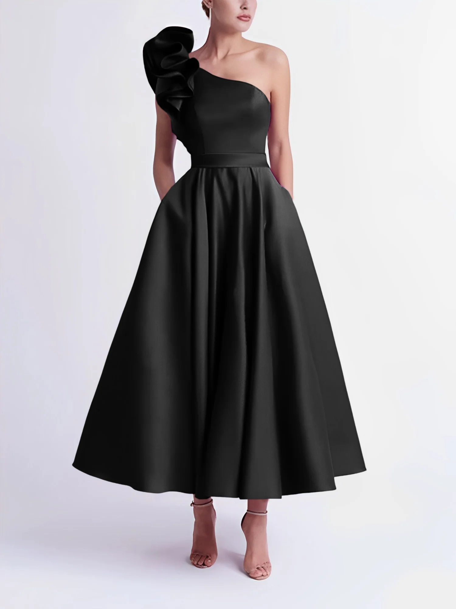 A-Line One-Shoulder Wedding Guest Cocktail Dresses Tea-Length With Ruffles - Image 6