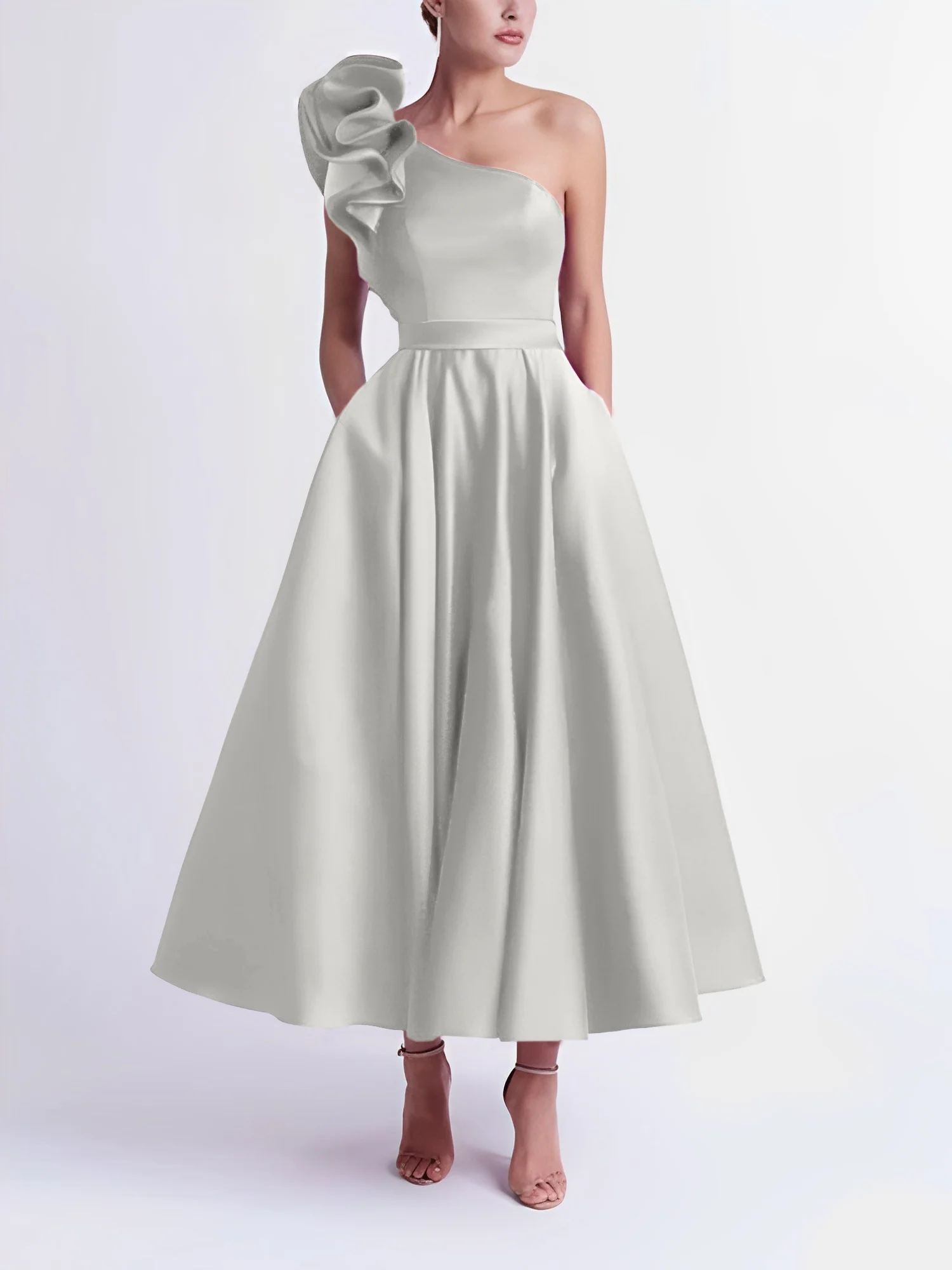A-Line One-Shoulder Wedding Guest Cocktail Dresses Tea-Length With Ruffles - Image 60