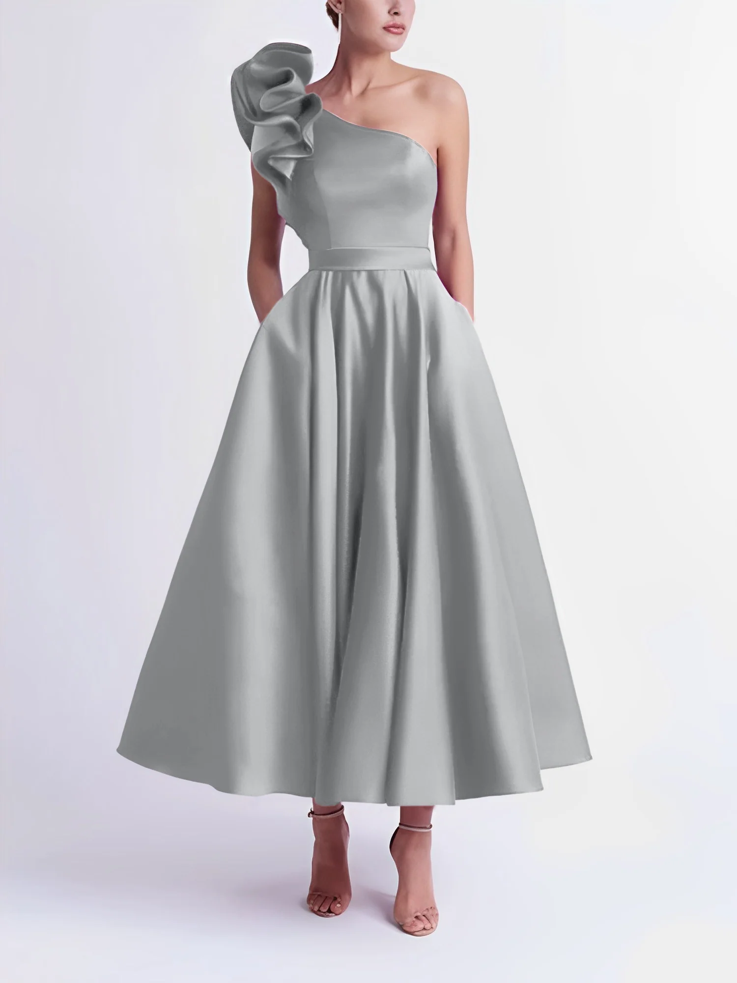 A-Line One-Shoulder Wedding Guest Cocktail Dresses Tea-Length With Ruffles - Image 61