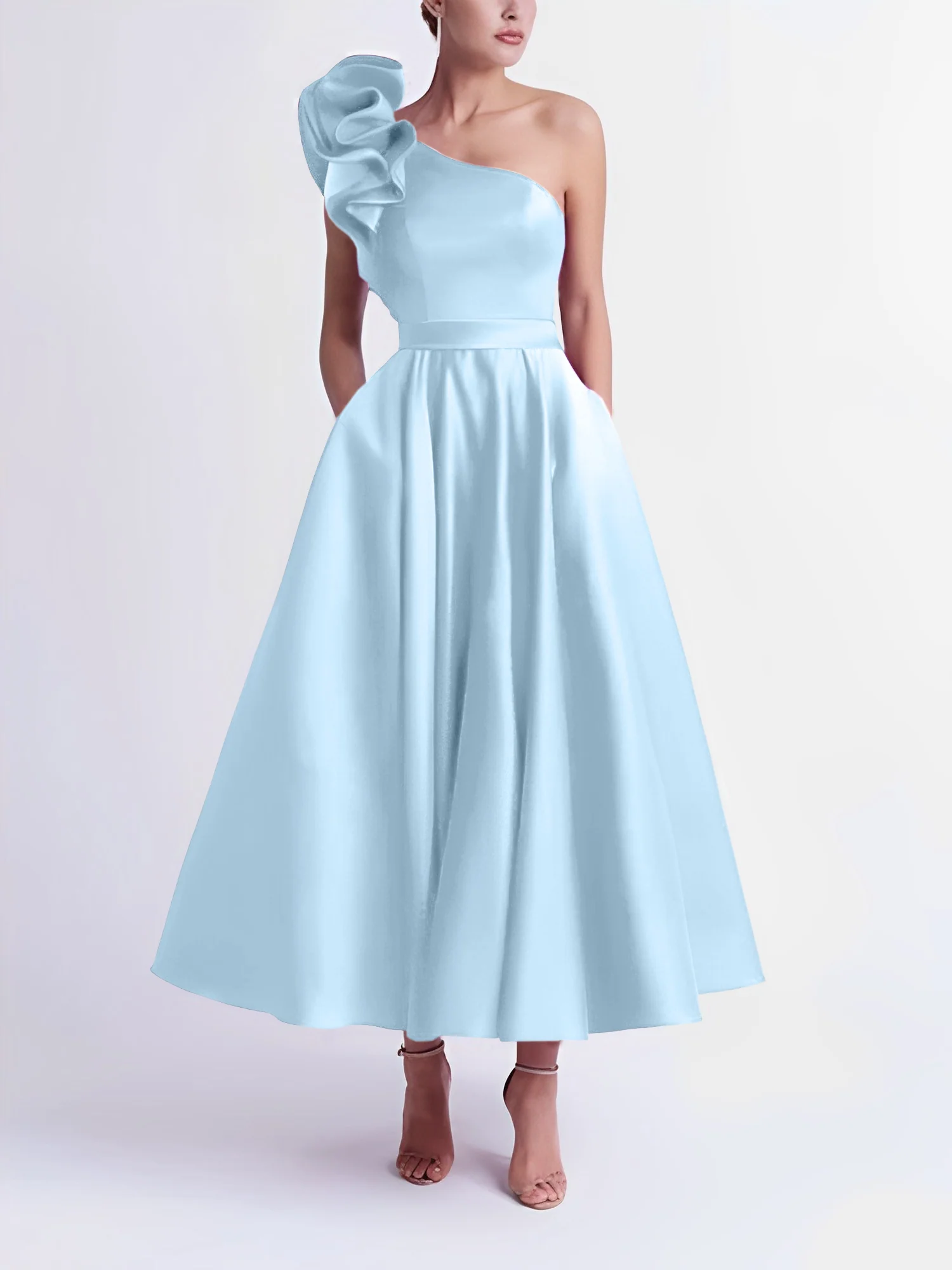 A-Line One-Shoulder Wedding Guest Cocktail Dresses Tea-Length With Ruffles - Image 62