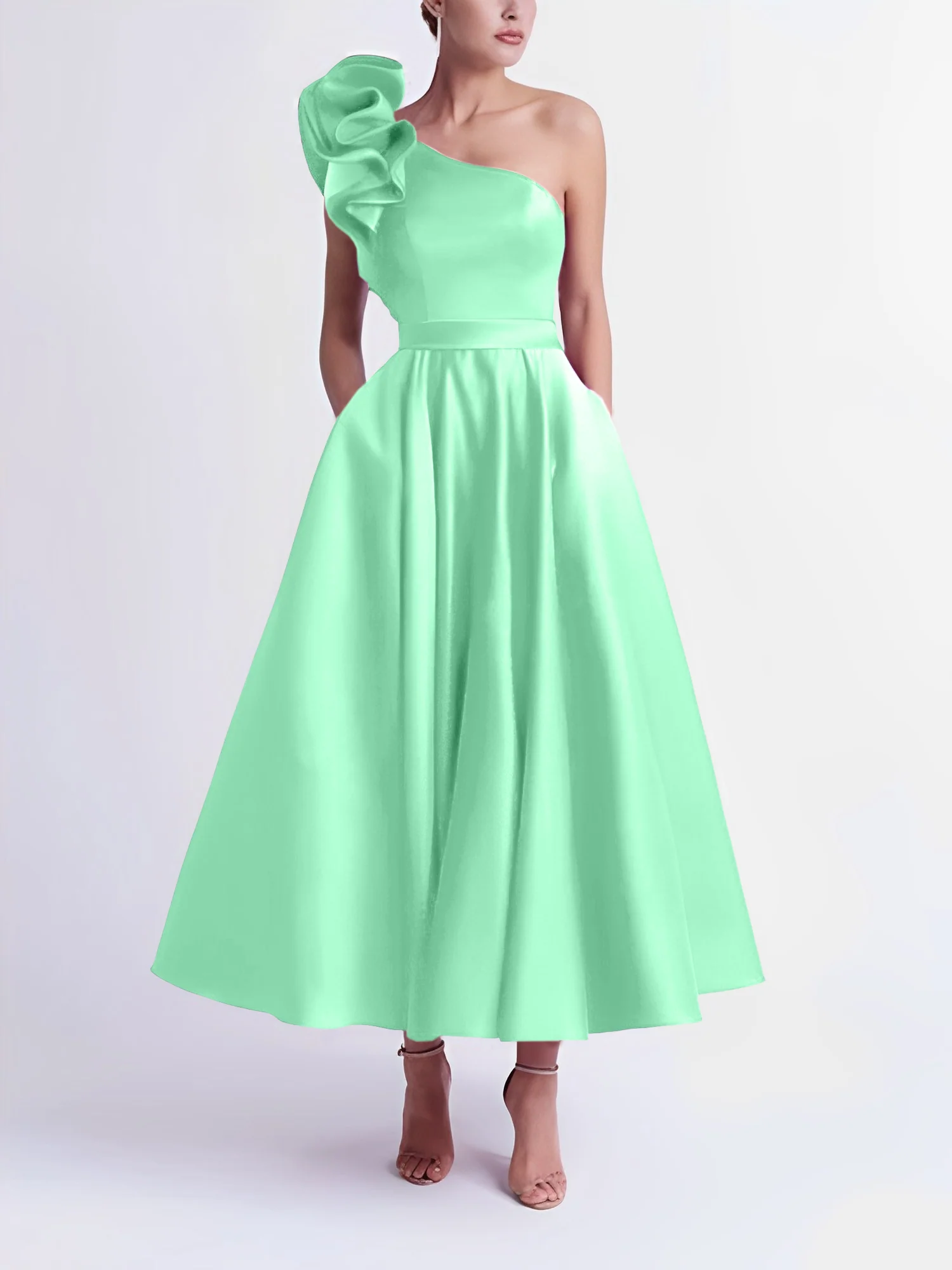 A-Line One-Shoulder Wedding Guest Cocktail Dresses Tea-Length With Ruffles - Image 63