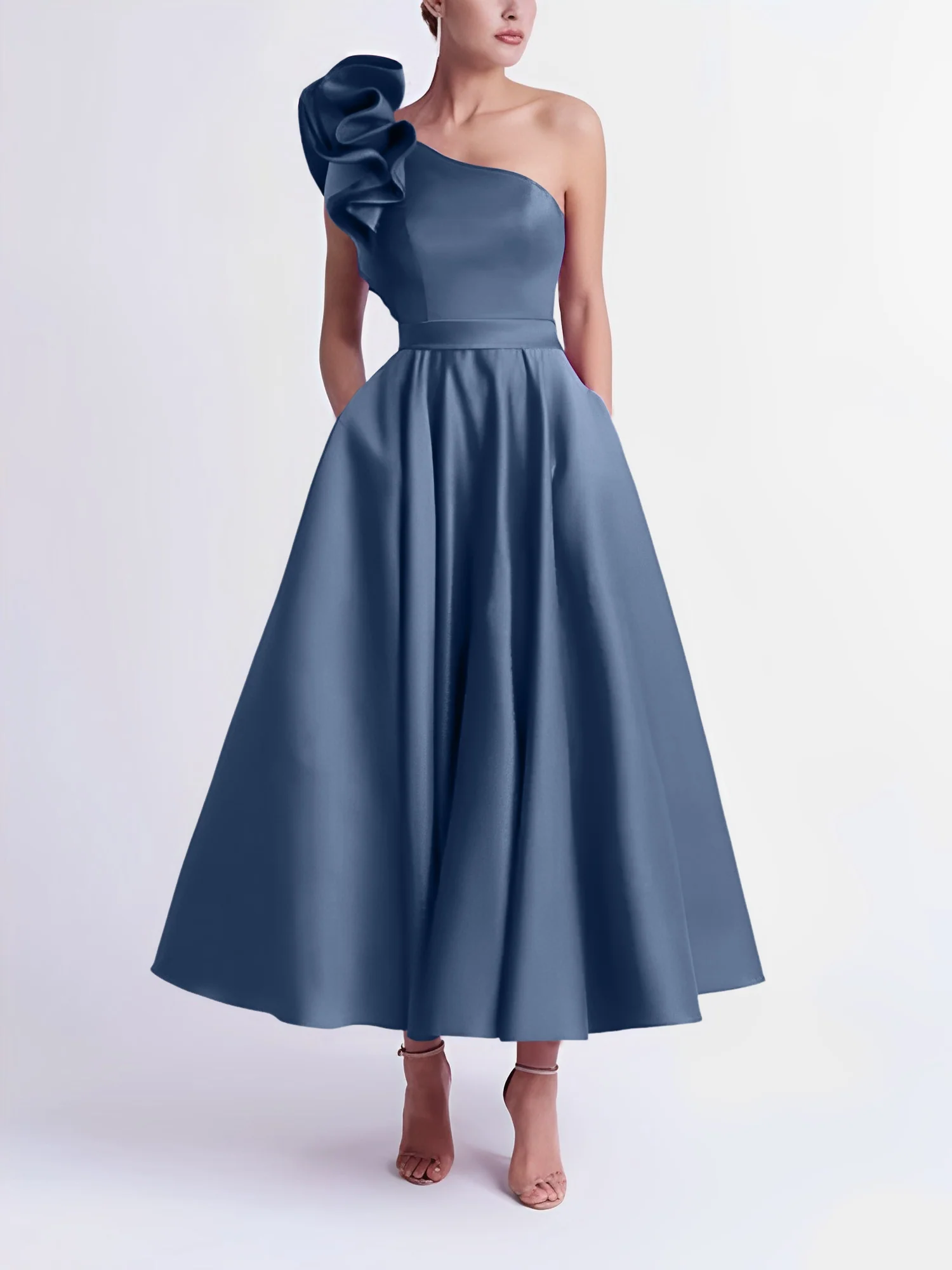 A-Line One-Shoulder Wedding Guest Cocktail Dresses Tea-Length With Ruffles - Image 64