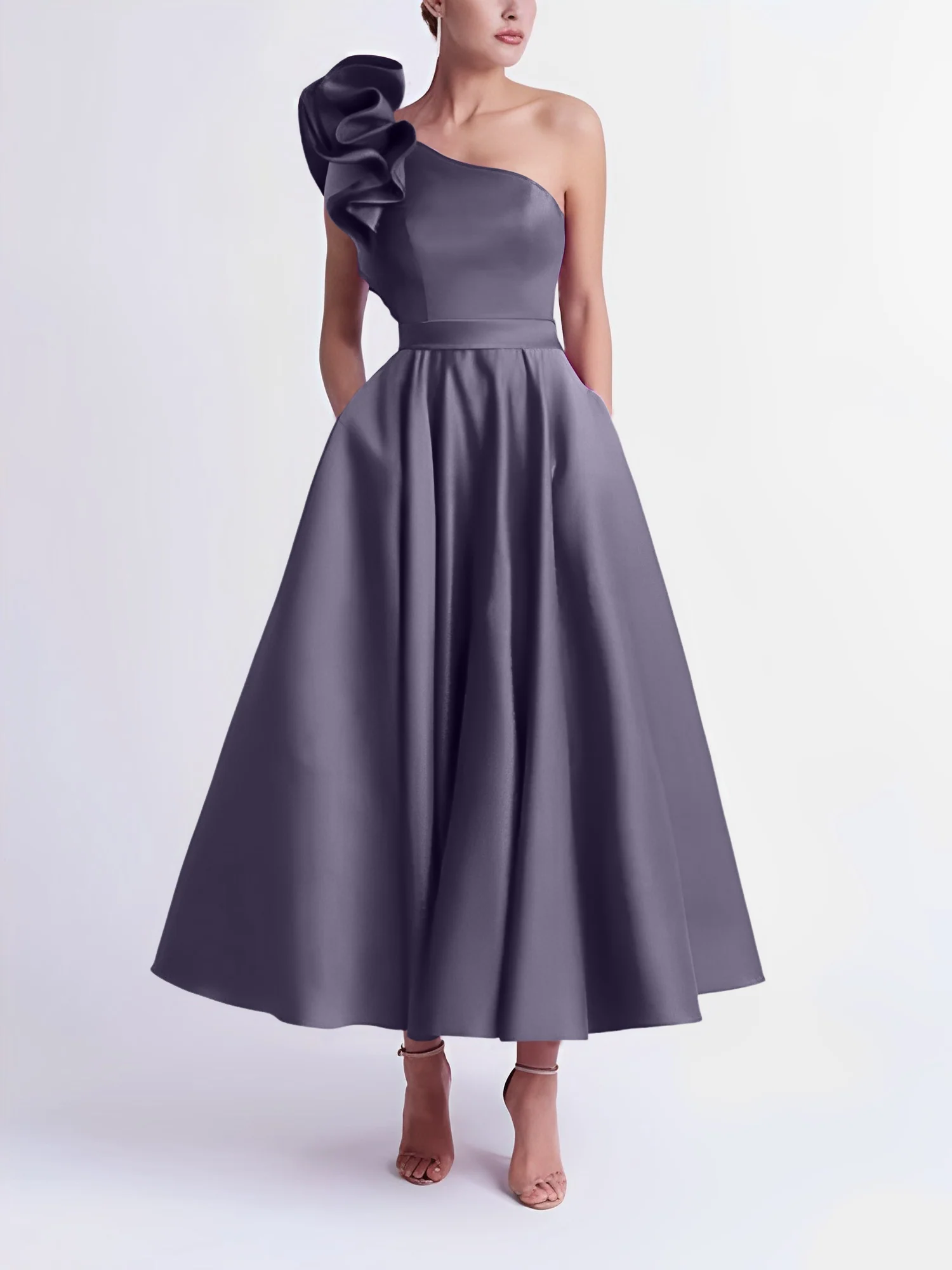 A-Line One-Shoulder Wedding Guest Cocktail Dresses Tea-Length With Ruffles - Image 65