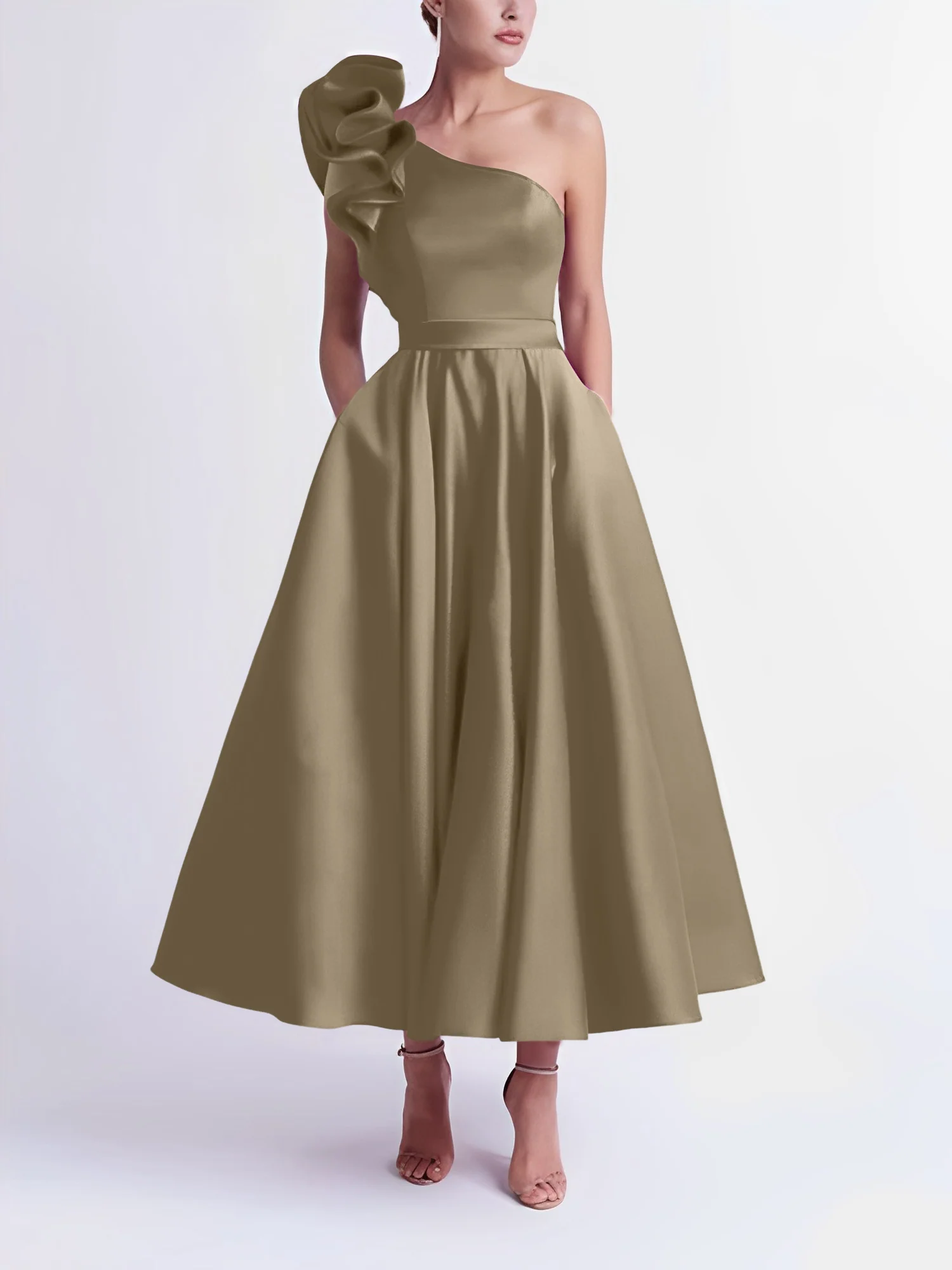 A-Line One-Shoulder Wedding Guest Cocktail Dresses Tea-Length With Ruffles - Image 66