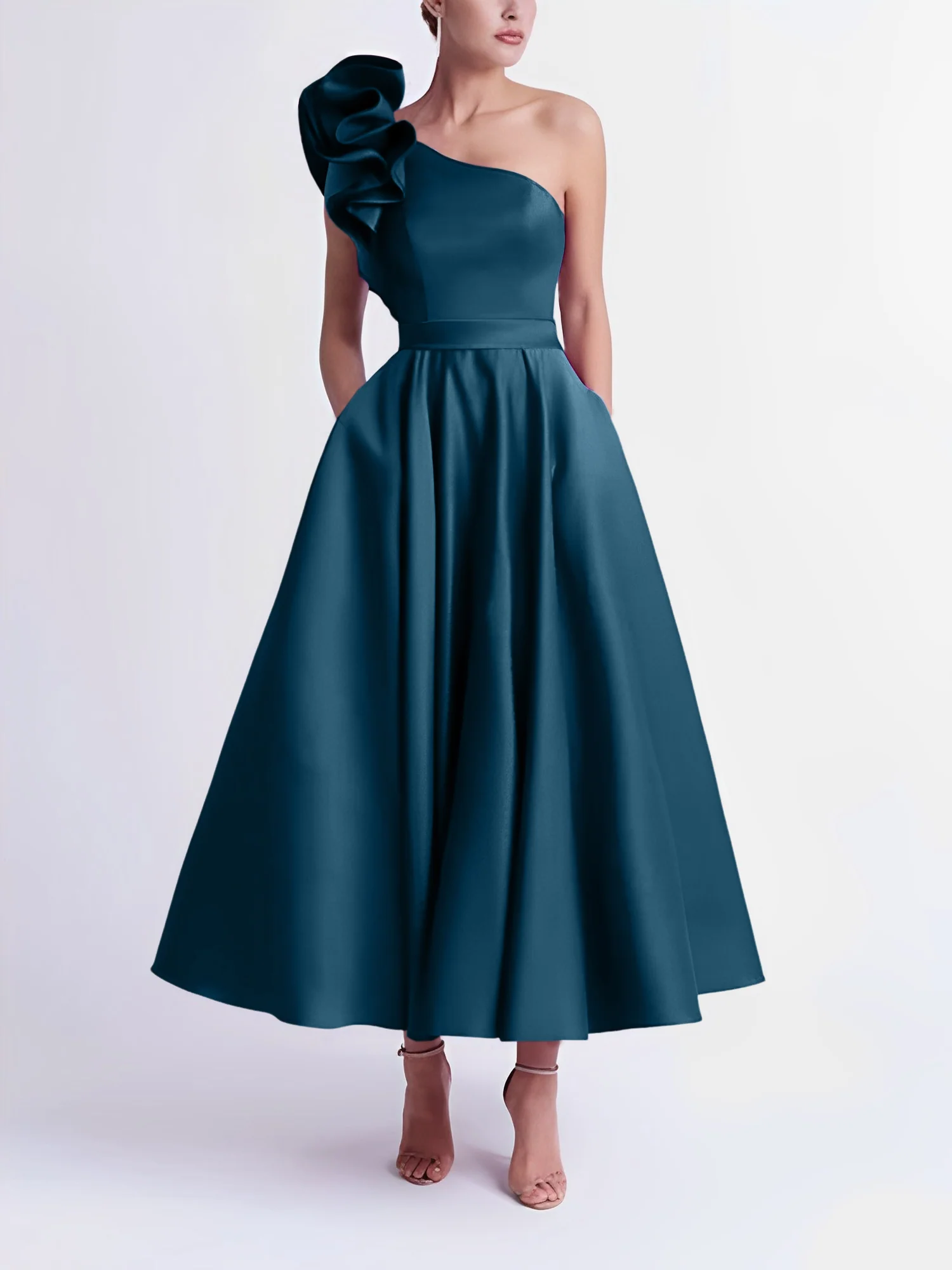 A-Line One-Shoulder Wedding Guest Cocktail Dresses Tea-Length With Ruffles - Image 67