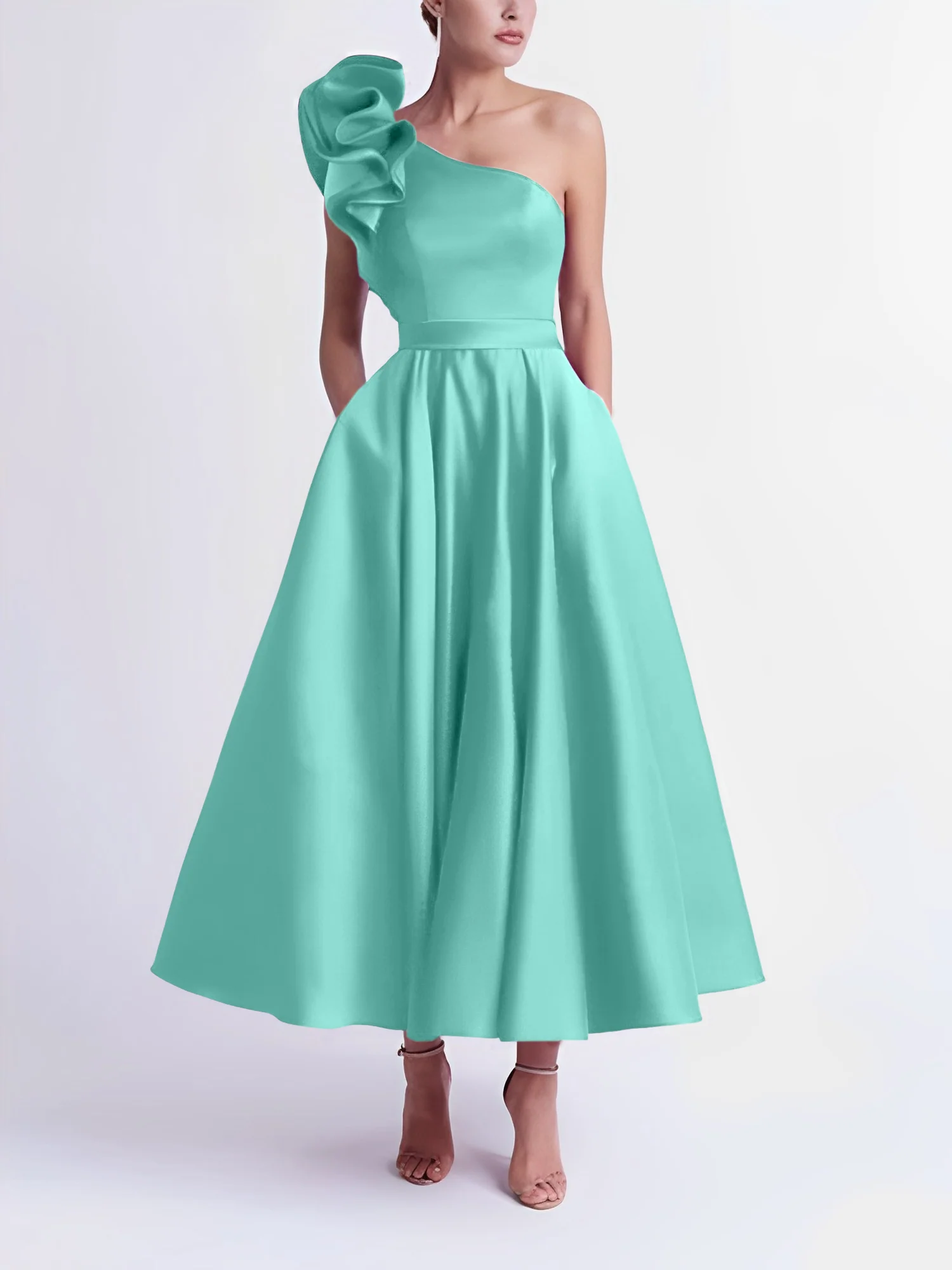 A-Line One-Shoulder Wedding Guest Cocktail Dresses Tea-Length With Ruffles - Image 68
