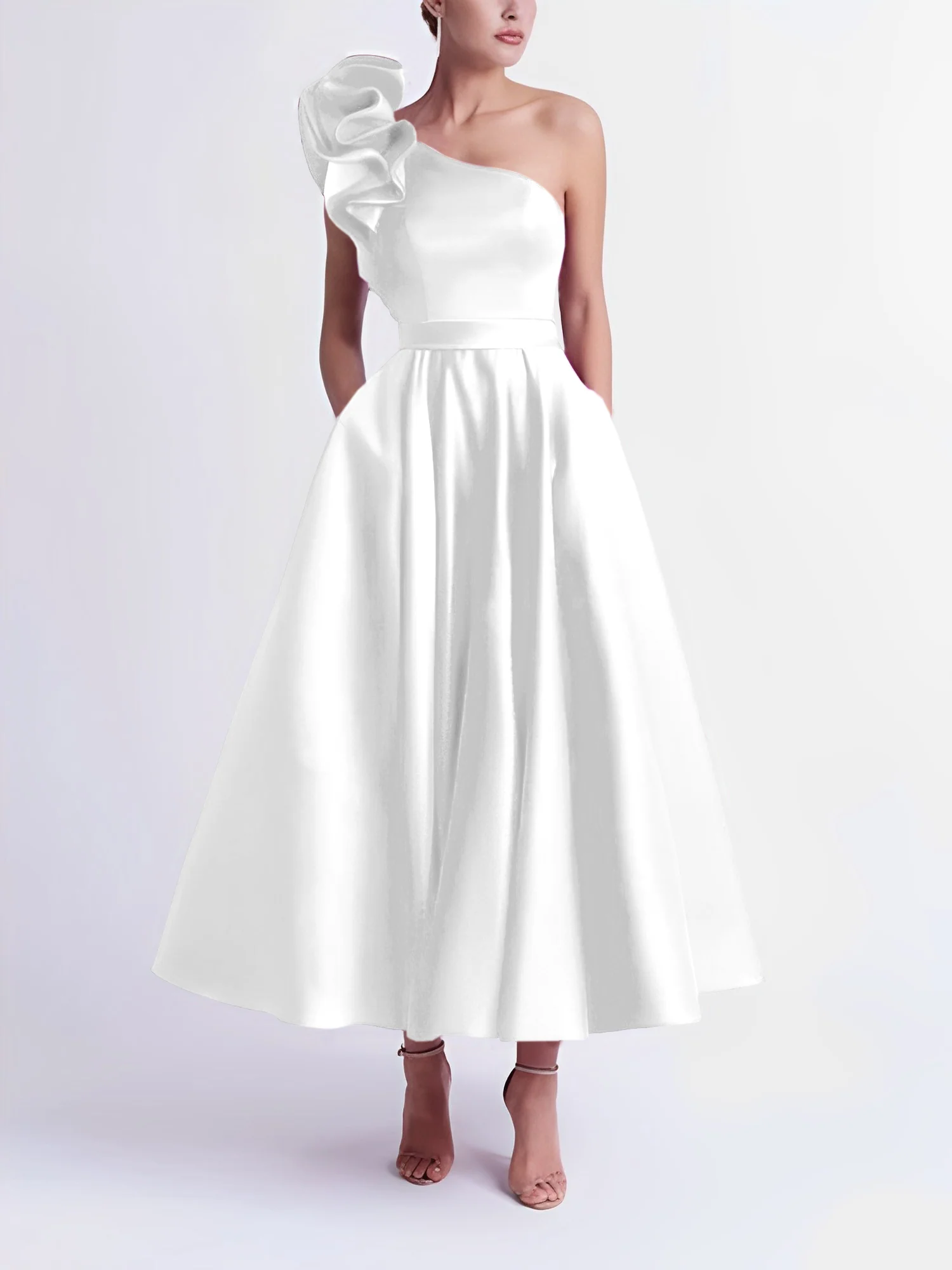 A-Line One-Shoulder Wedding Guest Cocktail Dresses Tea-Length With Ruffles - Image 69
