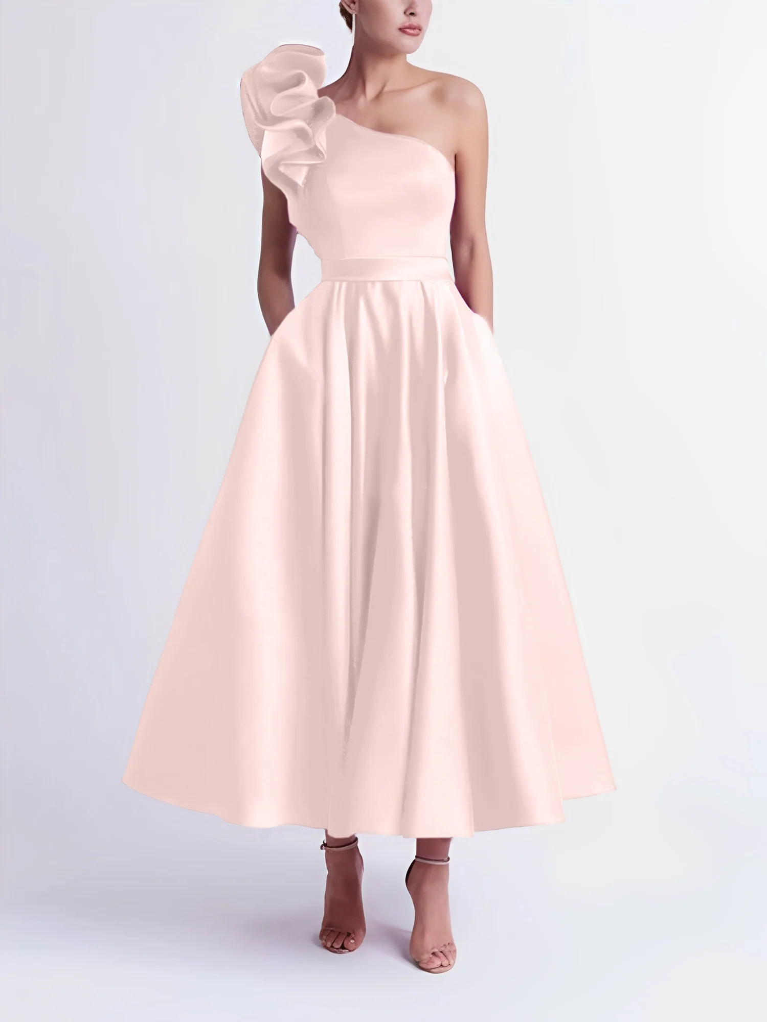 A-Line One-Shoulder Wedding Guest Cocktail Dresses Tea-Length With Ruffles - Image 7