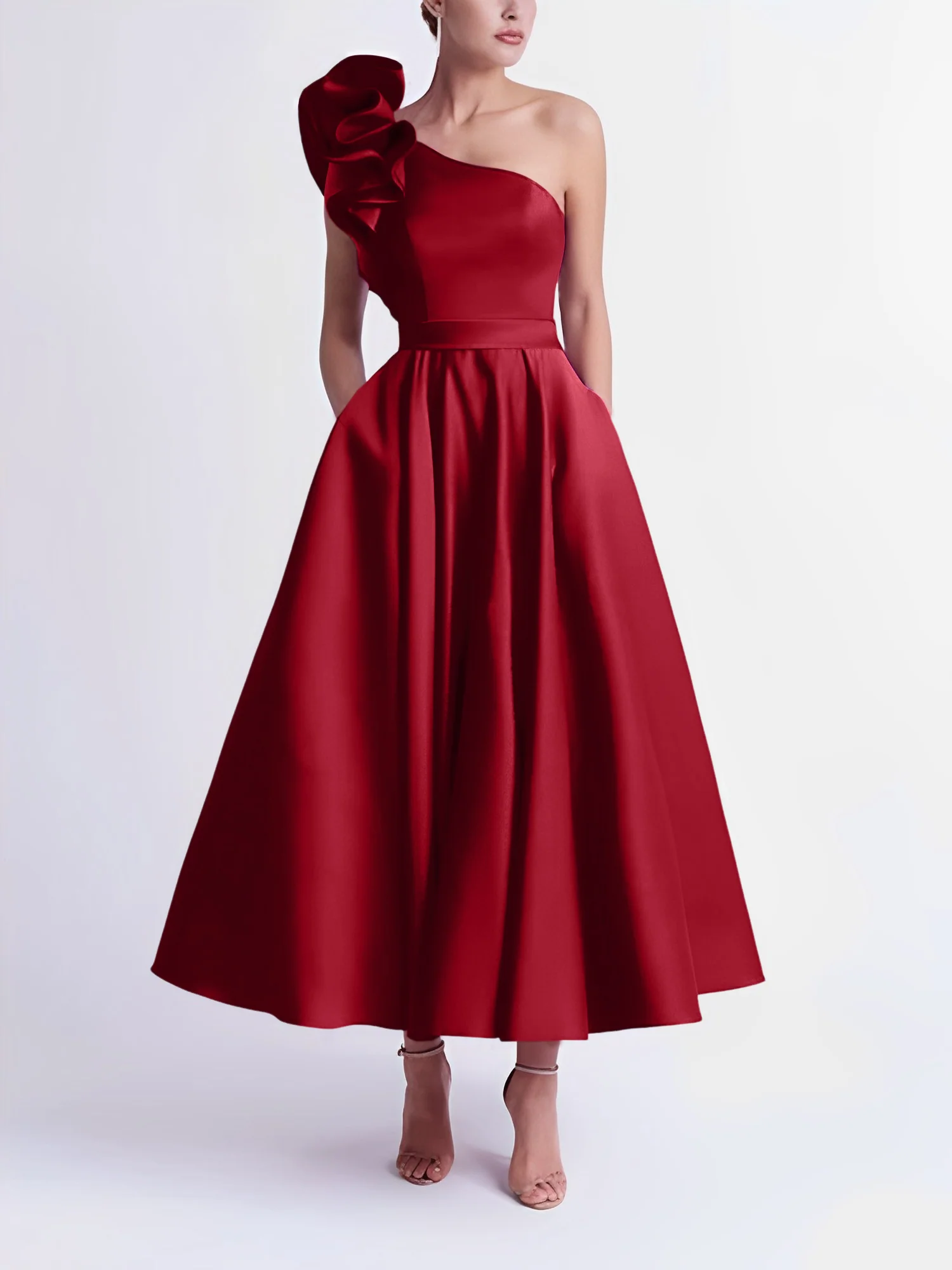 A-Line One-Shoulder Wedding Guest Cocktail Dresses Tea-Length With Ruffles - Image 70