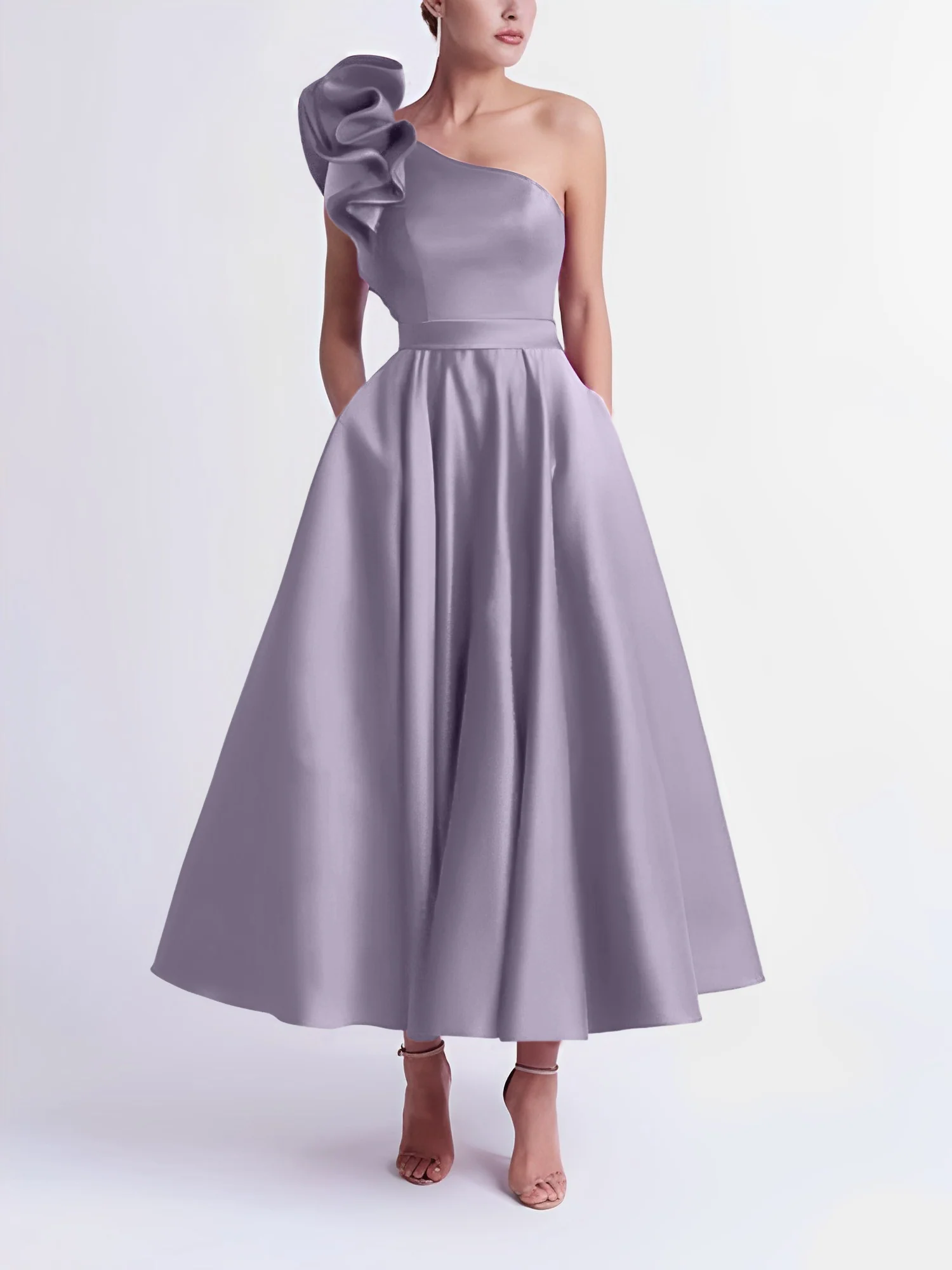 A-Line One-Shoulder Wedding Guest Cocktail Dresses Tea-Length With Ruffles - Image 71