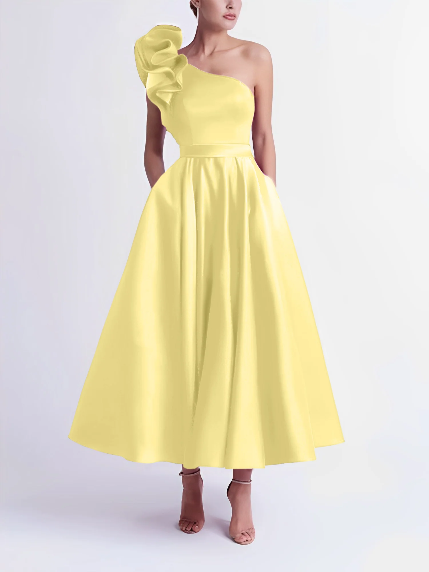 A-Line One-Shoulder Wedding Guest Cocktail Dresses Tea-Length With Ruffles - Image 72