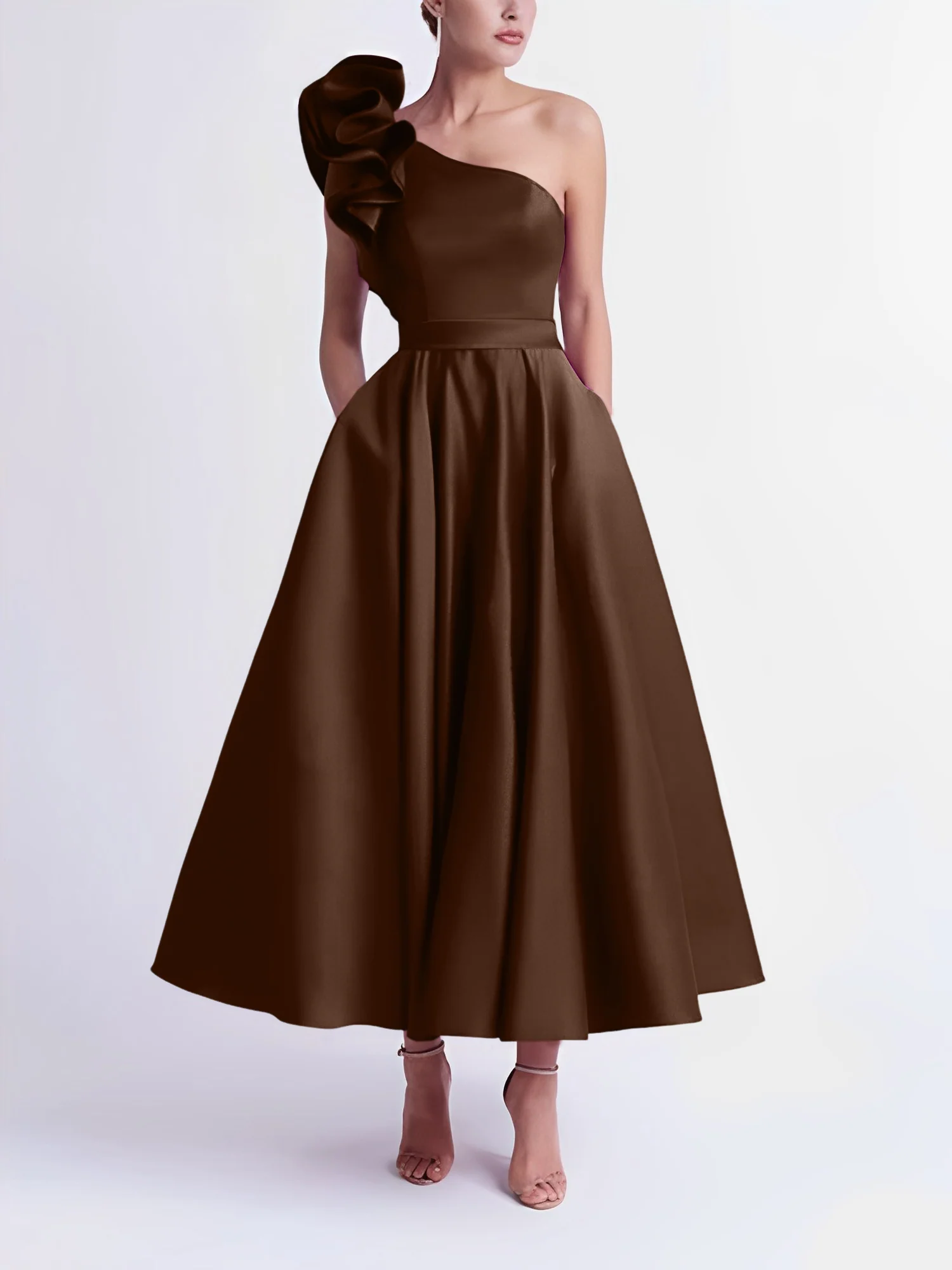 A-Line One-Shoulder Wedding Guest Cocktail Dresses Tea-Length With Ruffles - Image 8