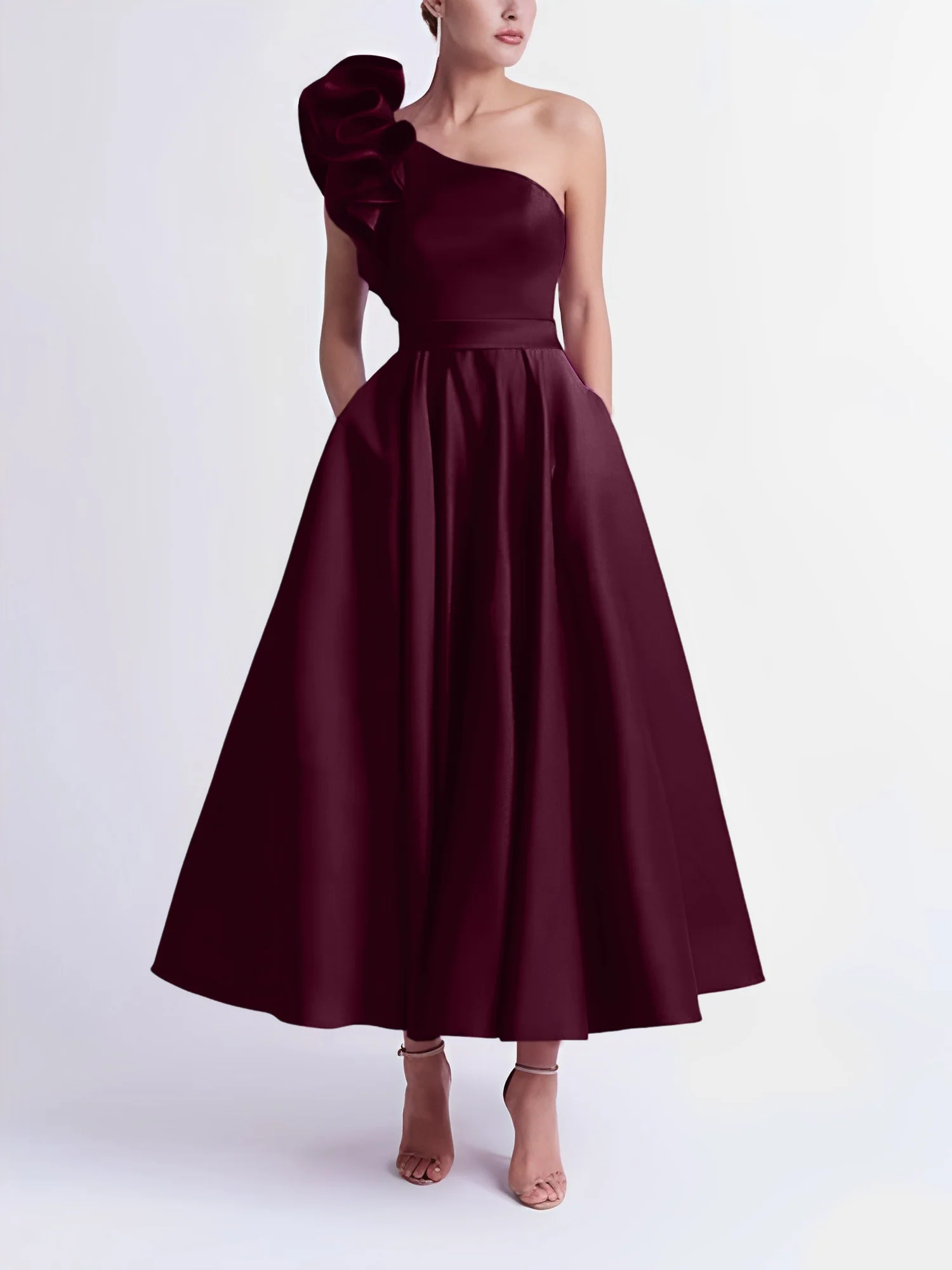 A-Line One-Shoulder Wedding Guest Cocktail Dresses Tea-Length With Ruffles - Image 9
