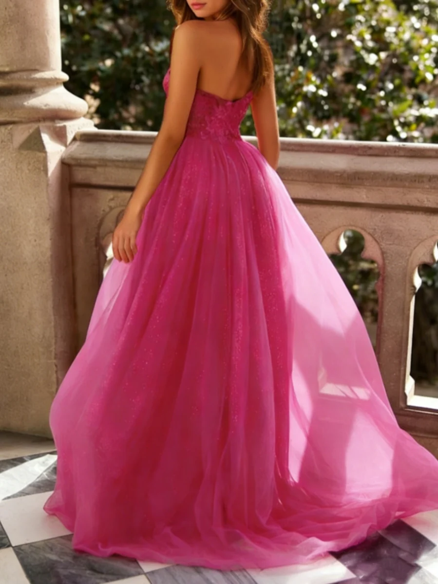 A-Line/Princess One-Shoulder Tulle Prom Dresses with Split Side Lace Floor-Length Sleeveless Formal Dresses - Image 2
