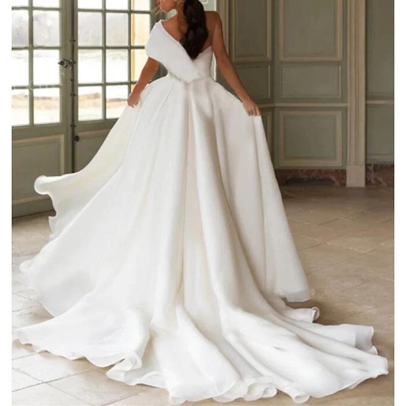 A-Line/Princess One Shoulder Wedding Dresses Court Train With Appliques Split Front - Image 2