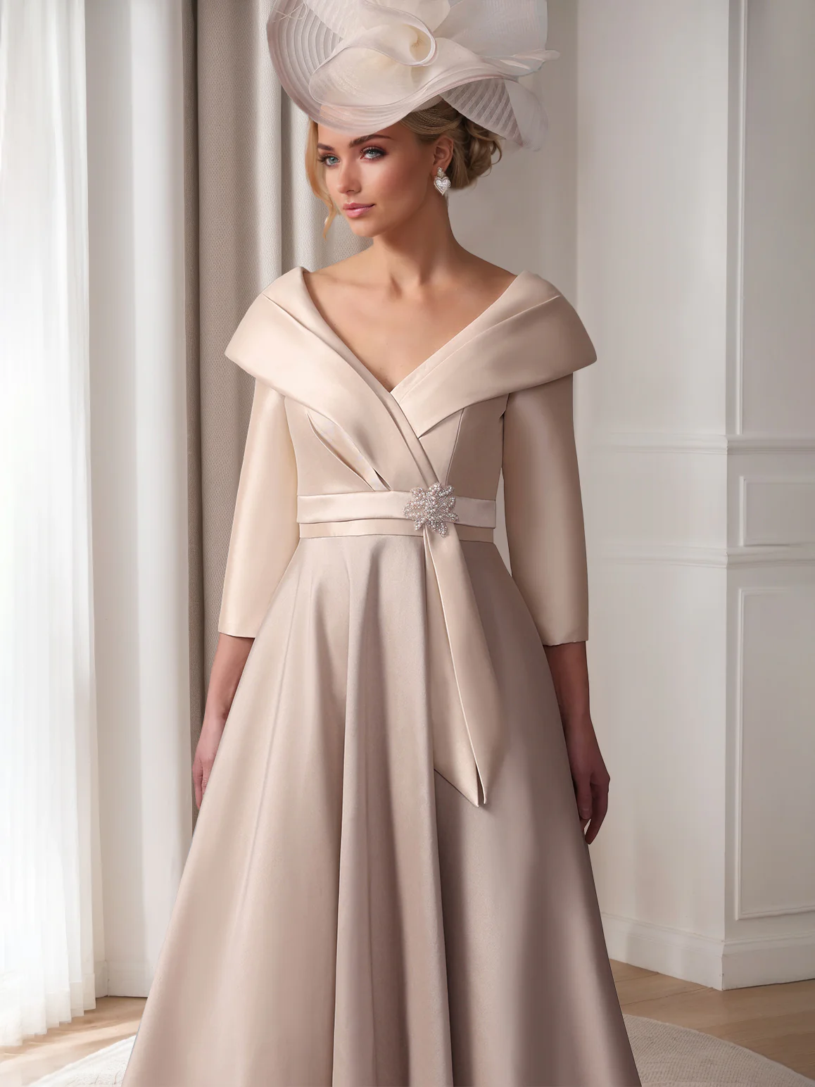 A-Line/Princess Plunge V-Neck 3/4 Sleeves Tea-Length Pleated Mother of the Bride Dresses with Jewel Appliques & Sash - Image 2