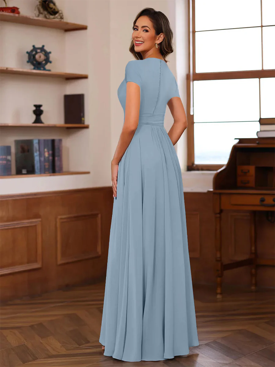 A-Line/Princess Plunge V-Neck Short Sleeves Floor-Length Pleated Mother of the Bride Dresses with Ruffles & Appliques - Image 2